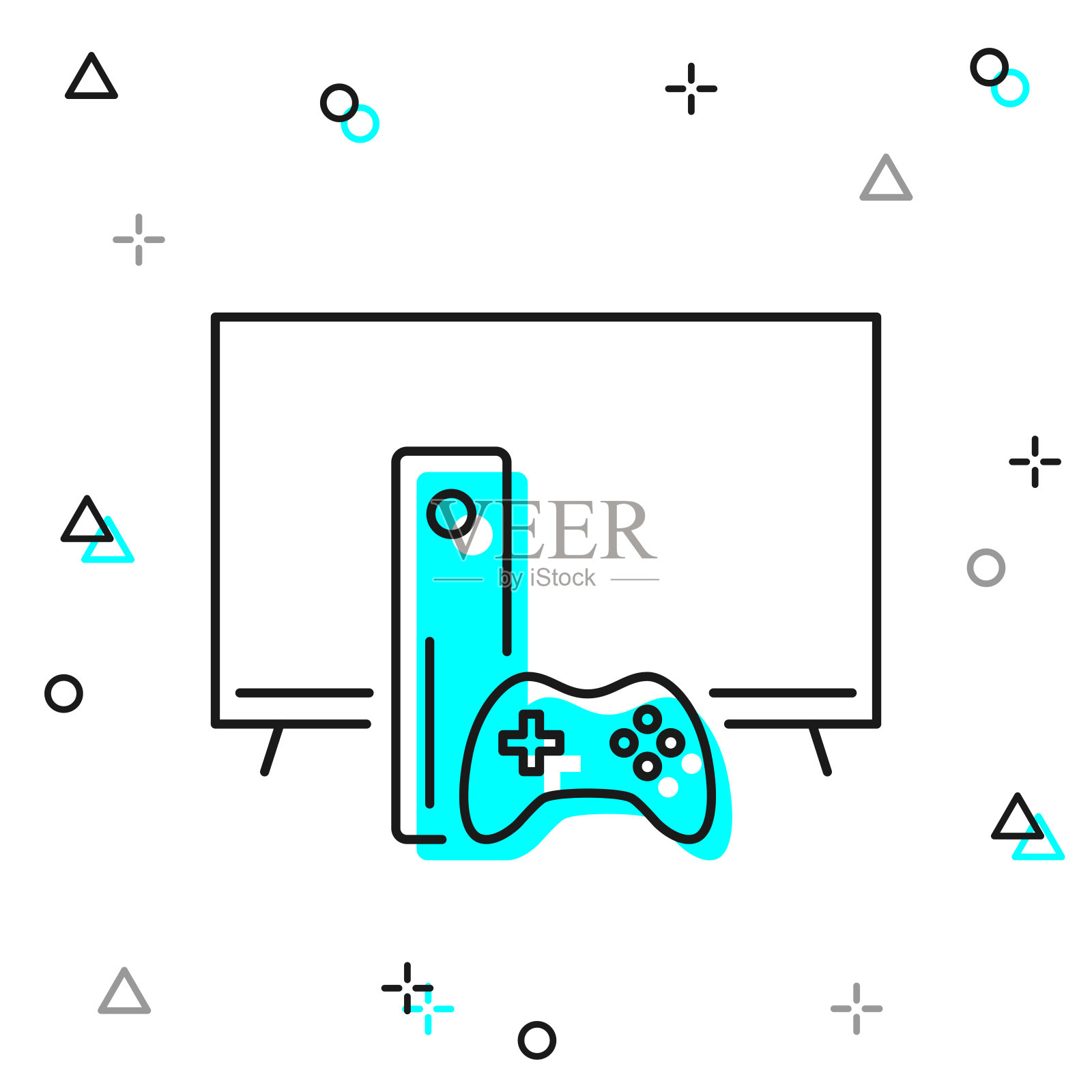 带游戏机的电视。白色背景上的线图标插画图片素材