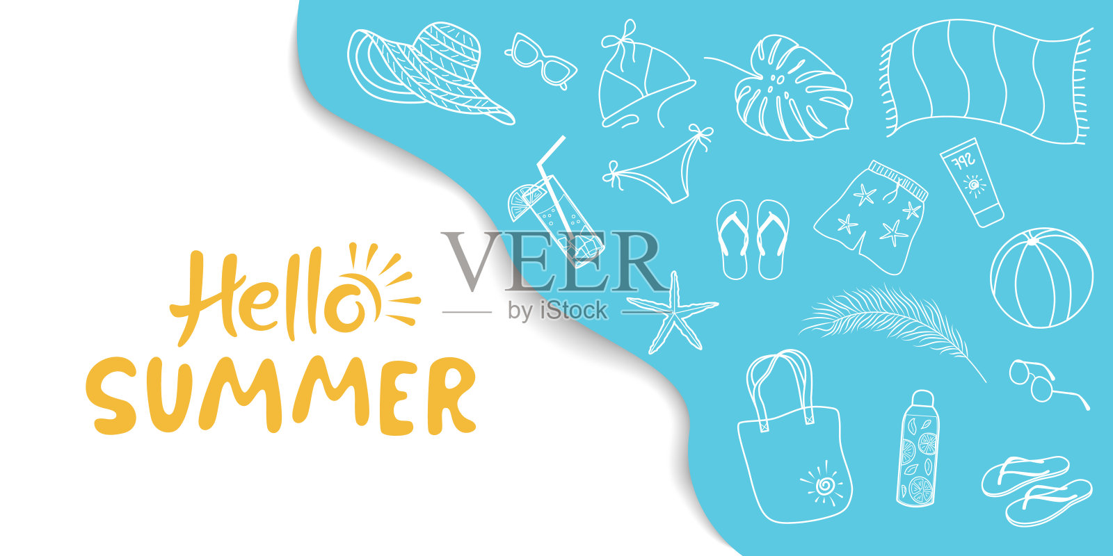 夏季背景剪纸效果与手绘海滩元素插画图片素材