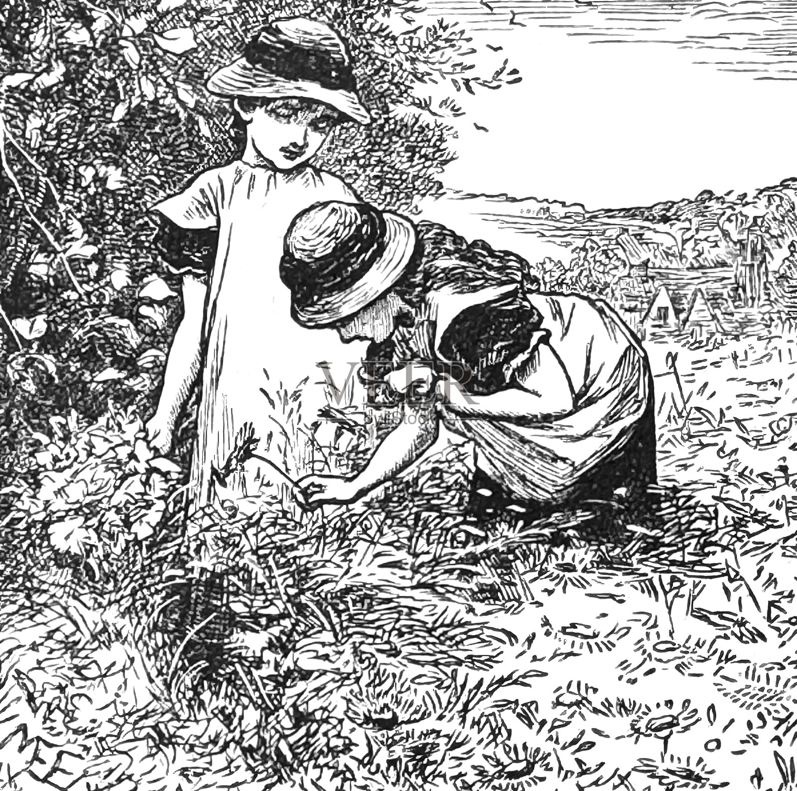 两个女孩在野花丛中采一束花插画图片素材