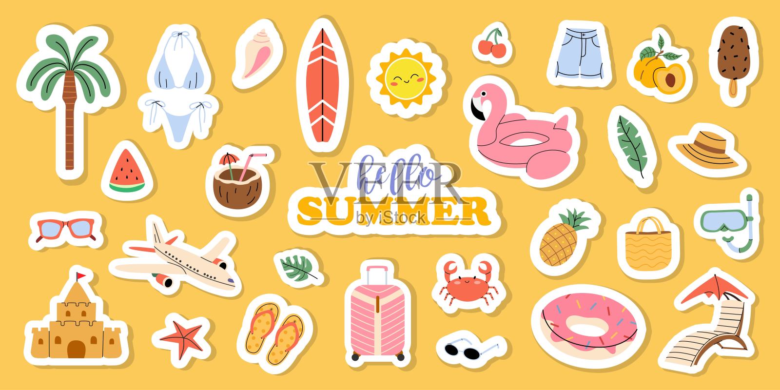 可爱的夏季贴纸。卡通图标元素的暑假，假期在热带度假胜地。插画图片素材