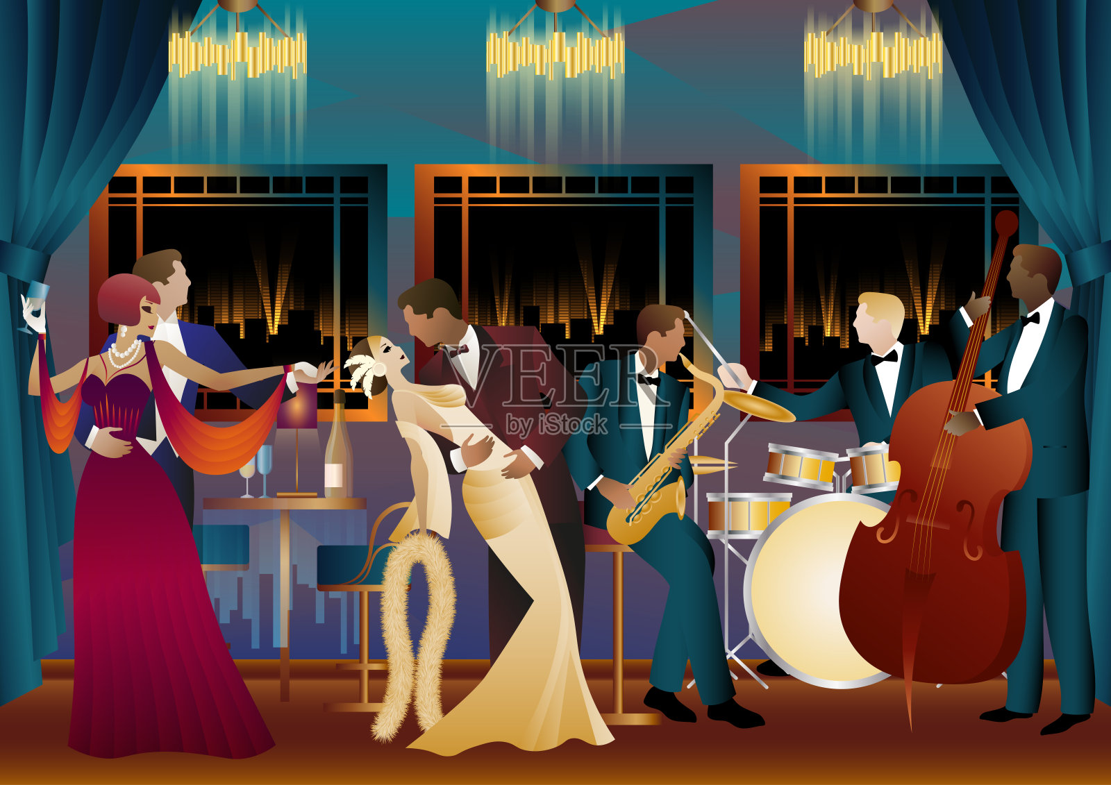 爵士音乐家和舞者的普遍背景。插画图片素材