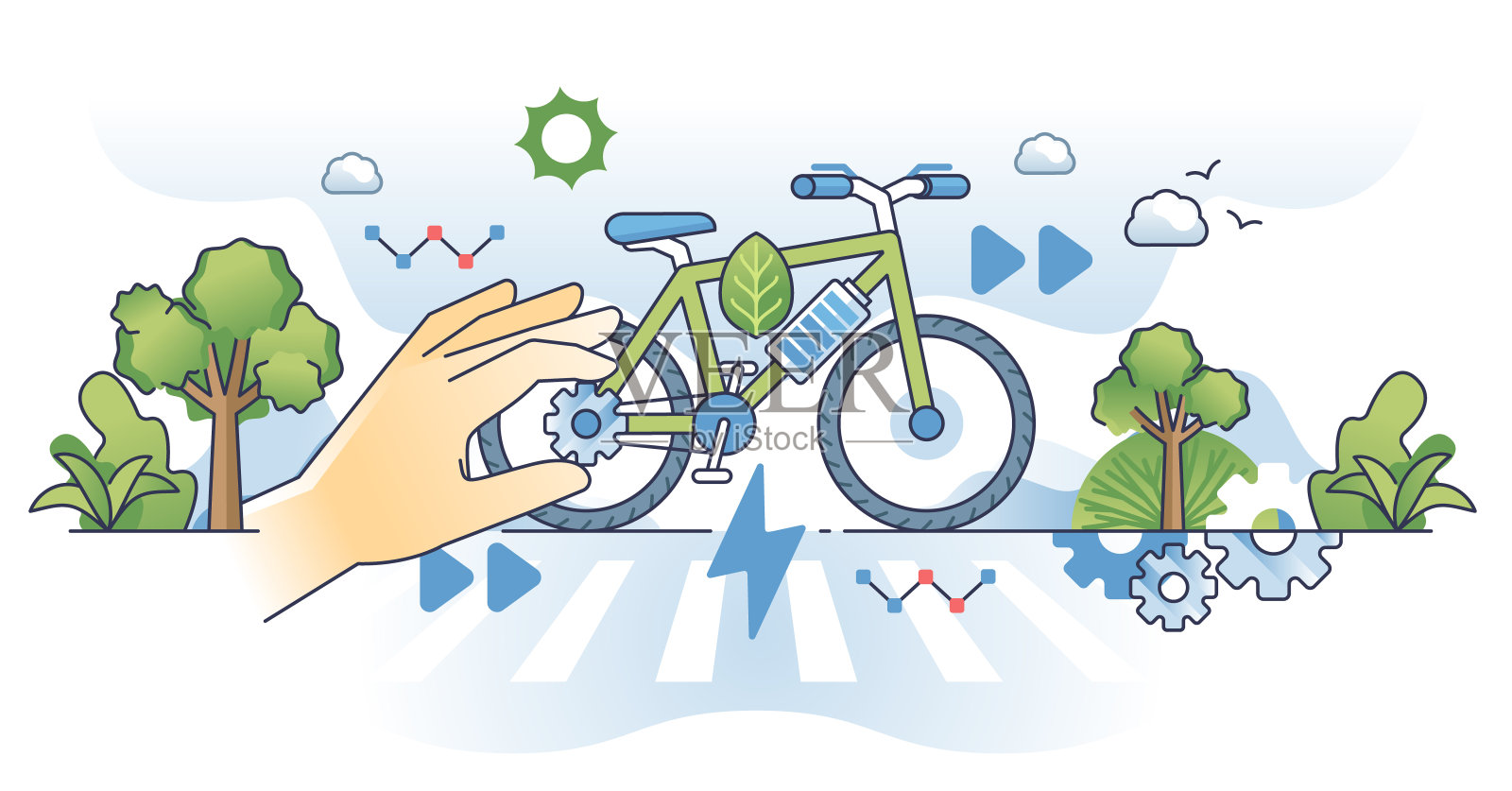 电动自行车和电动自行车勾勒出双手的概念插画图片素材