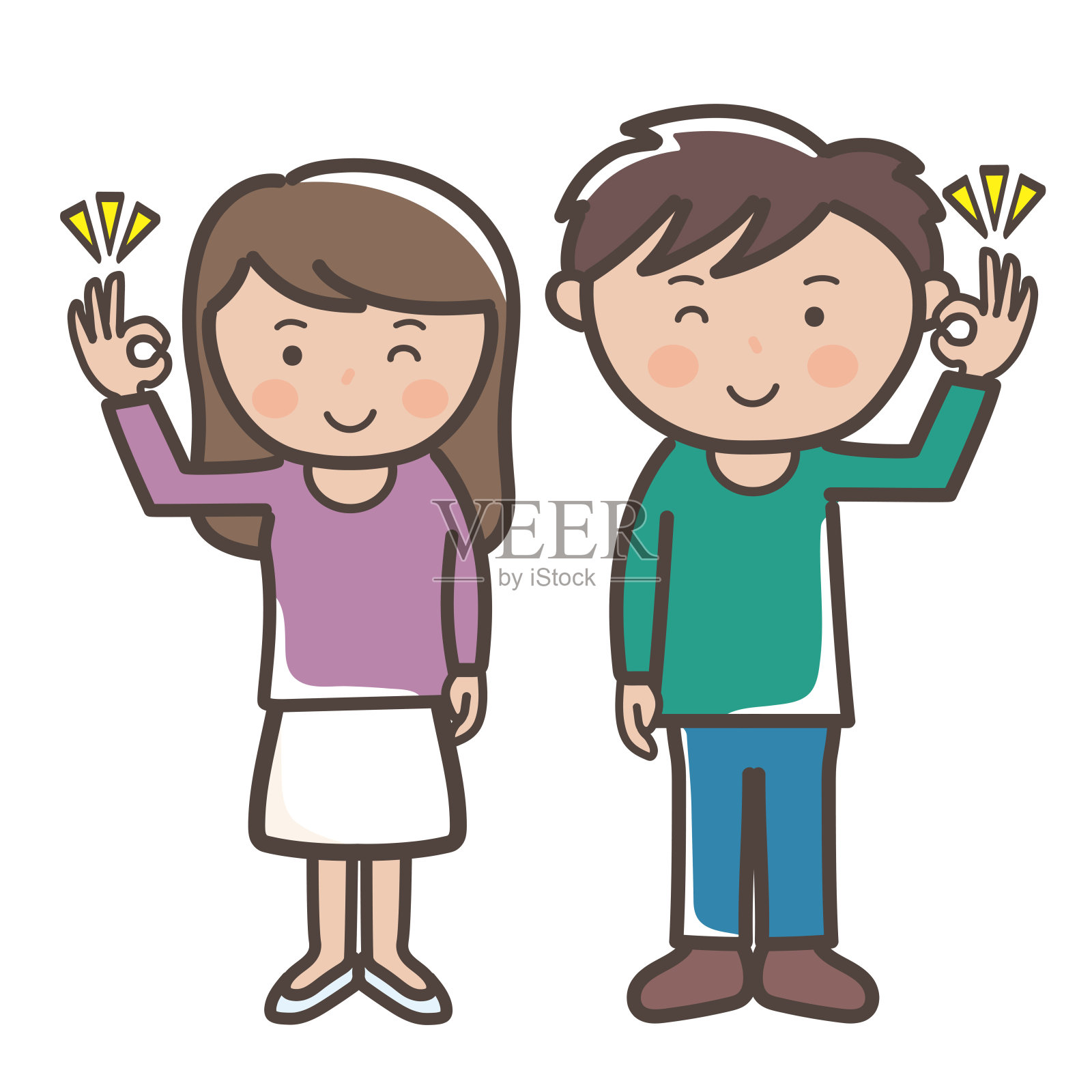 一个年轻的男人和女人的全身插图给出一个OK的理解的手势插画图片素材