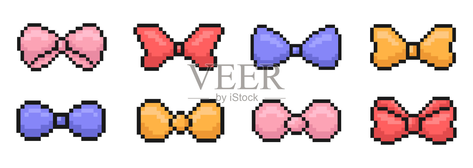 蝴蝶结像素艺术集，各种蝴蝶结，80年代，90年代，旧街机视频游戏风格，丝带，生日装饰，庆祝活动，游戏项目，移动应用程序和更多，矢量插图插画图片素材