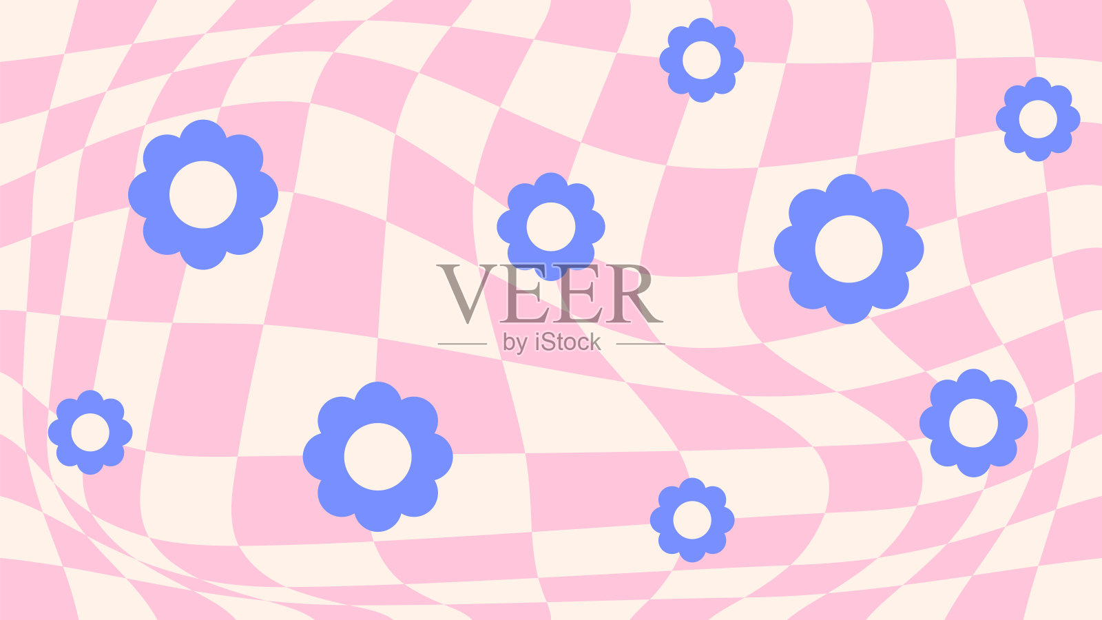 Groovy花迷幻棋盘社交媒体矢量背景。复古抽象波浪粉色方格图案插画图片素材