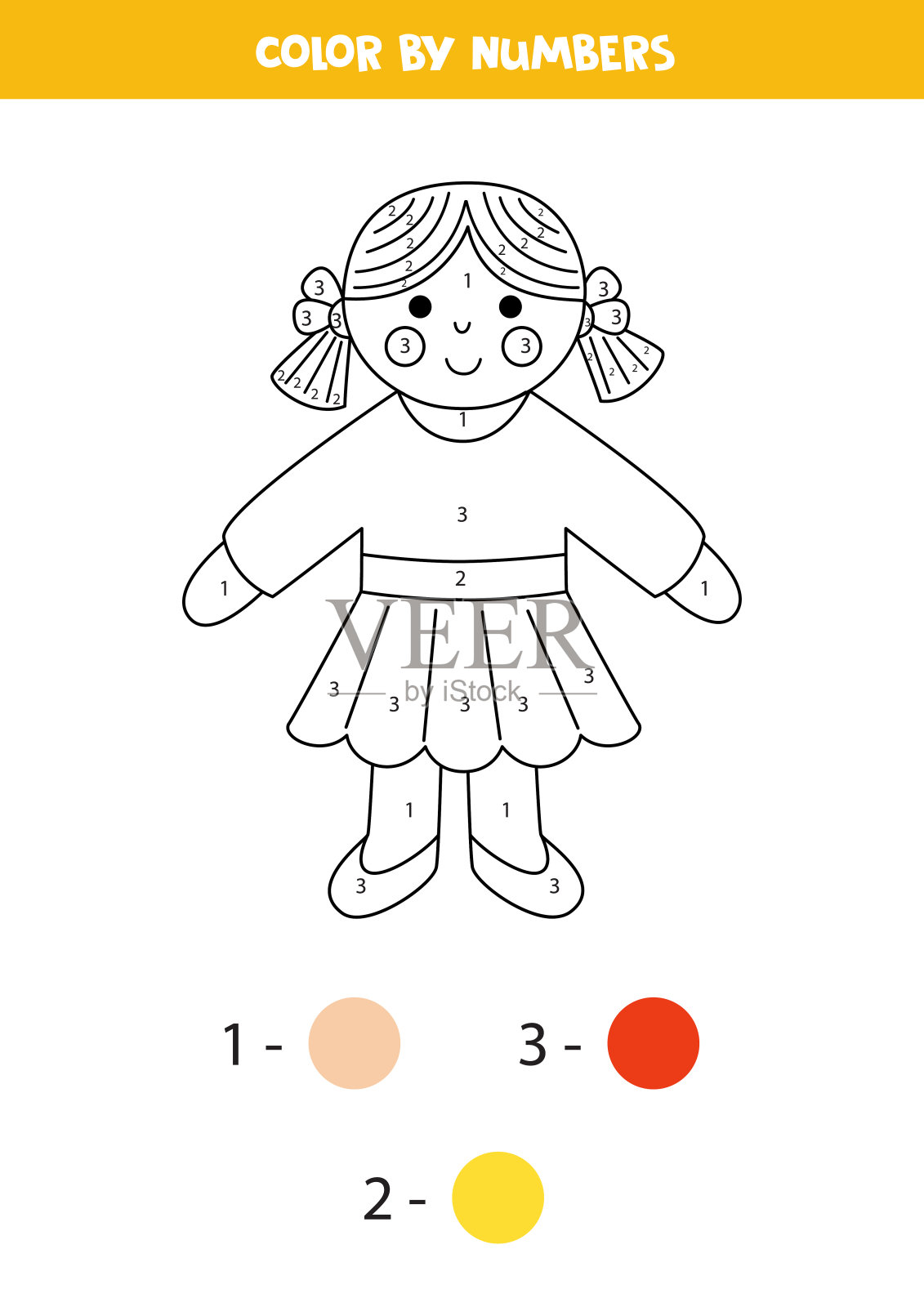 彩色卡通娃娃按数字。孩子们的工作表。插画图片素材