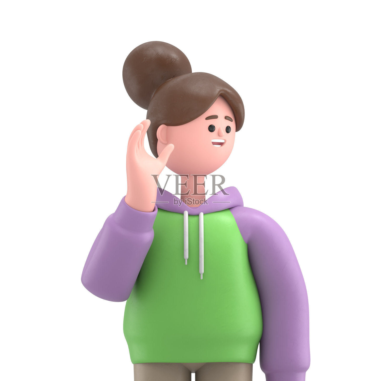 亚洲女孩Renae的3D插图，试图听到你偷听，专注地看着相机。白色背景的3D渲染。照片摄影图片