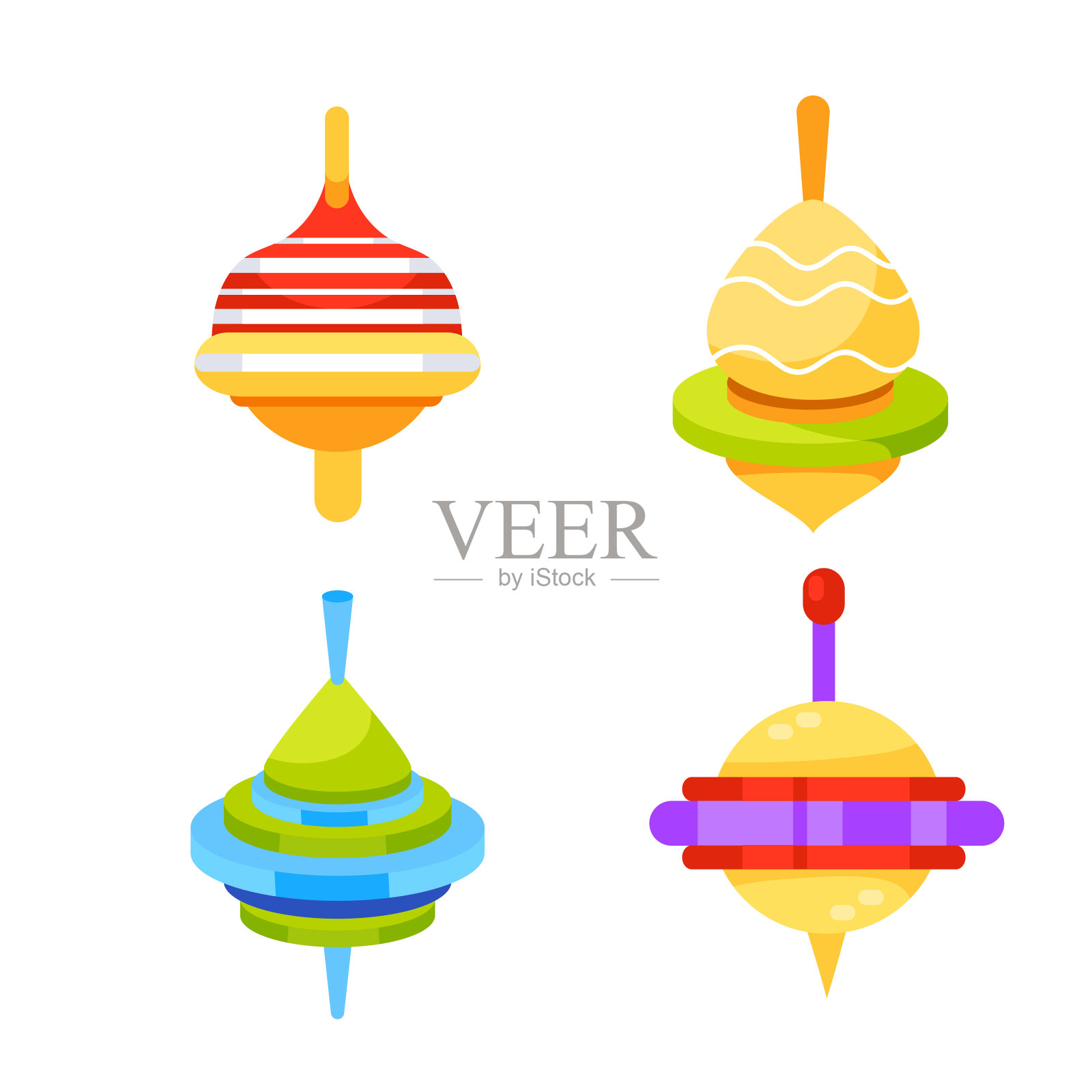 旋转玩具套装。白色背景的塑料纺纱顶。插画图片素材