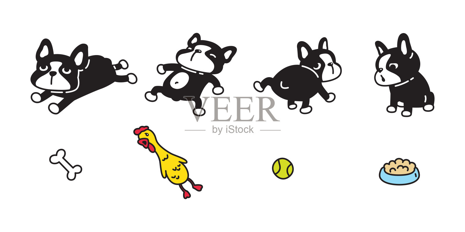 狗向量法国斗牛犬小狗玩具鸡球骨头图标食物碗卡通人物宠物涂鸦符号插图剪贴艺术孤立的设计插画图片素材