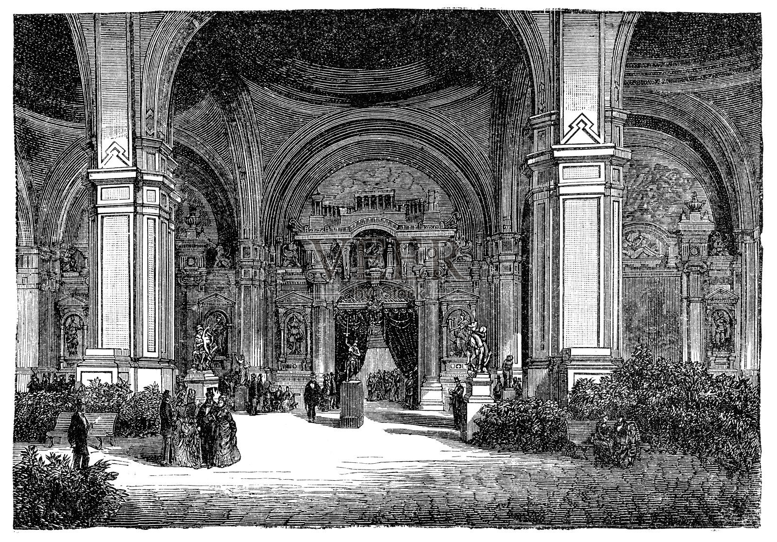 1878年巴黎世界博览会的艺术展览立面插画图片素材