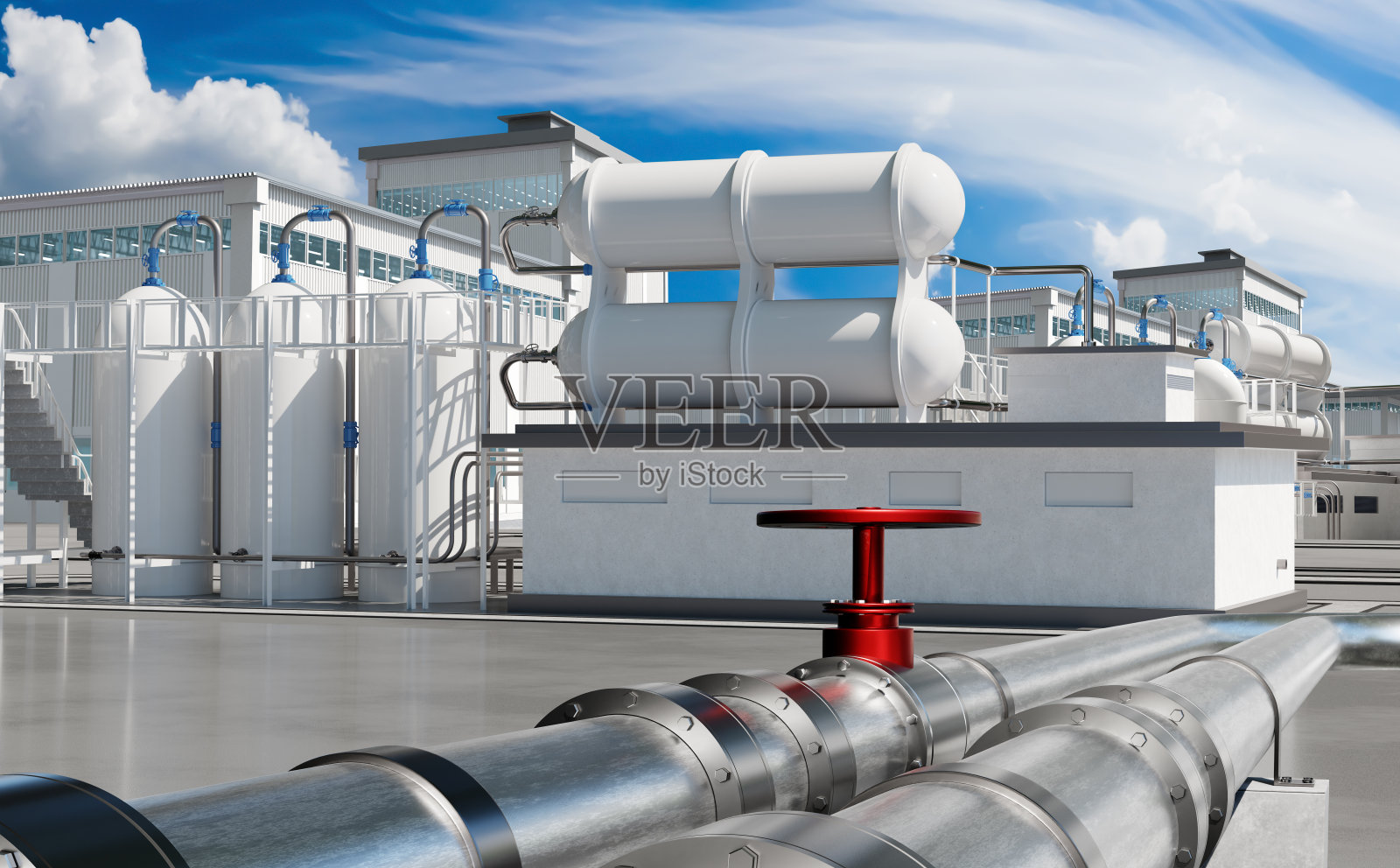 化学工厂。制造企业。工厂外。工厂附近的管道和储罐。化学工业大楼。现代化的工厂。工业建筑。种植蓝天建筑。三维图像照片摄影图片