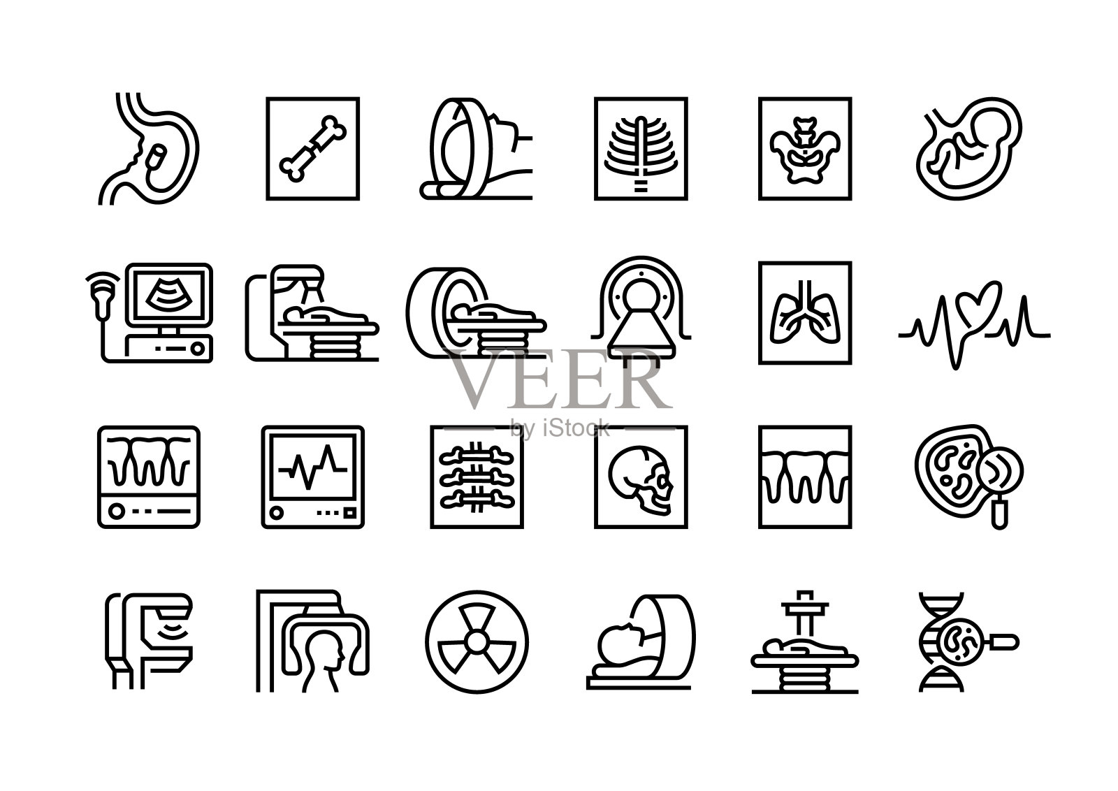 医疗设备线图标集。超声波，x光，医用扫描仪，结肠镜检查，医院，病人。一组对象。插画图片素材