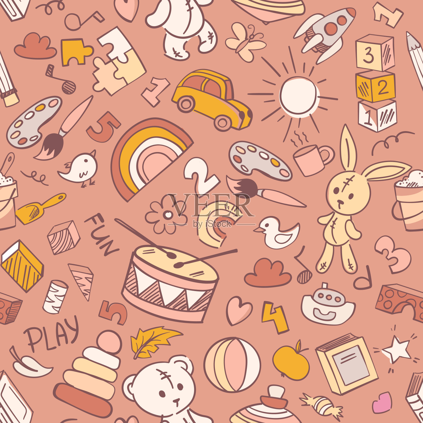 幼儿园涂鸦无缝图案。教育玩具，蒙台梭利活动，涂鸦，线条艺术。儿童矢量插图插画图片素材