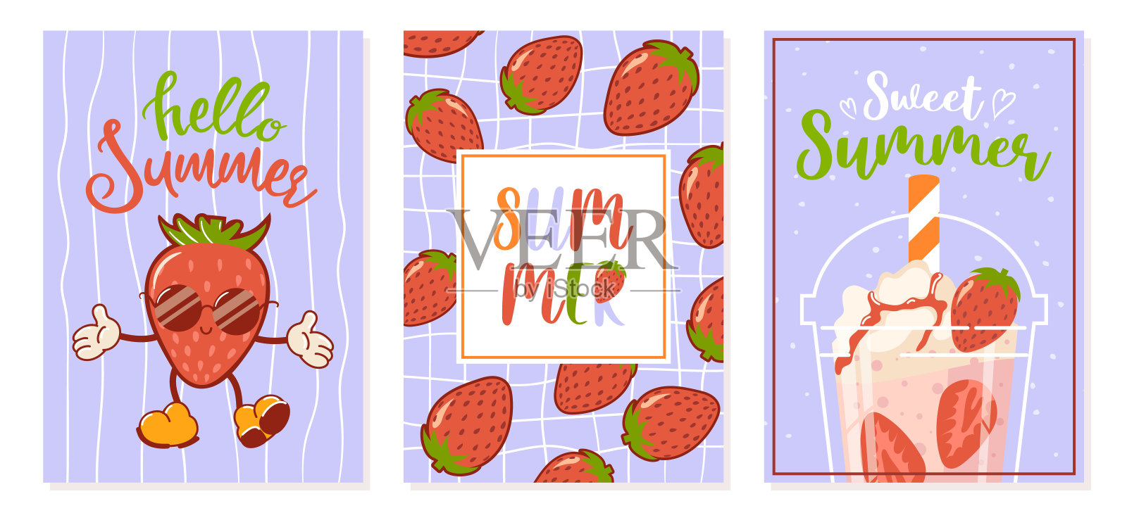 你好,夏天。一套明信片，横幅出售。戴墨镜的酷草莓，可爱的复古卡通人物。浆果鸡尾酒加鲜奶油。Groovy,古董。时尚的老款式。1970年代插画图片素材