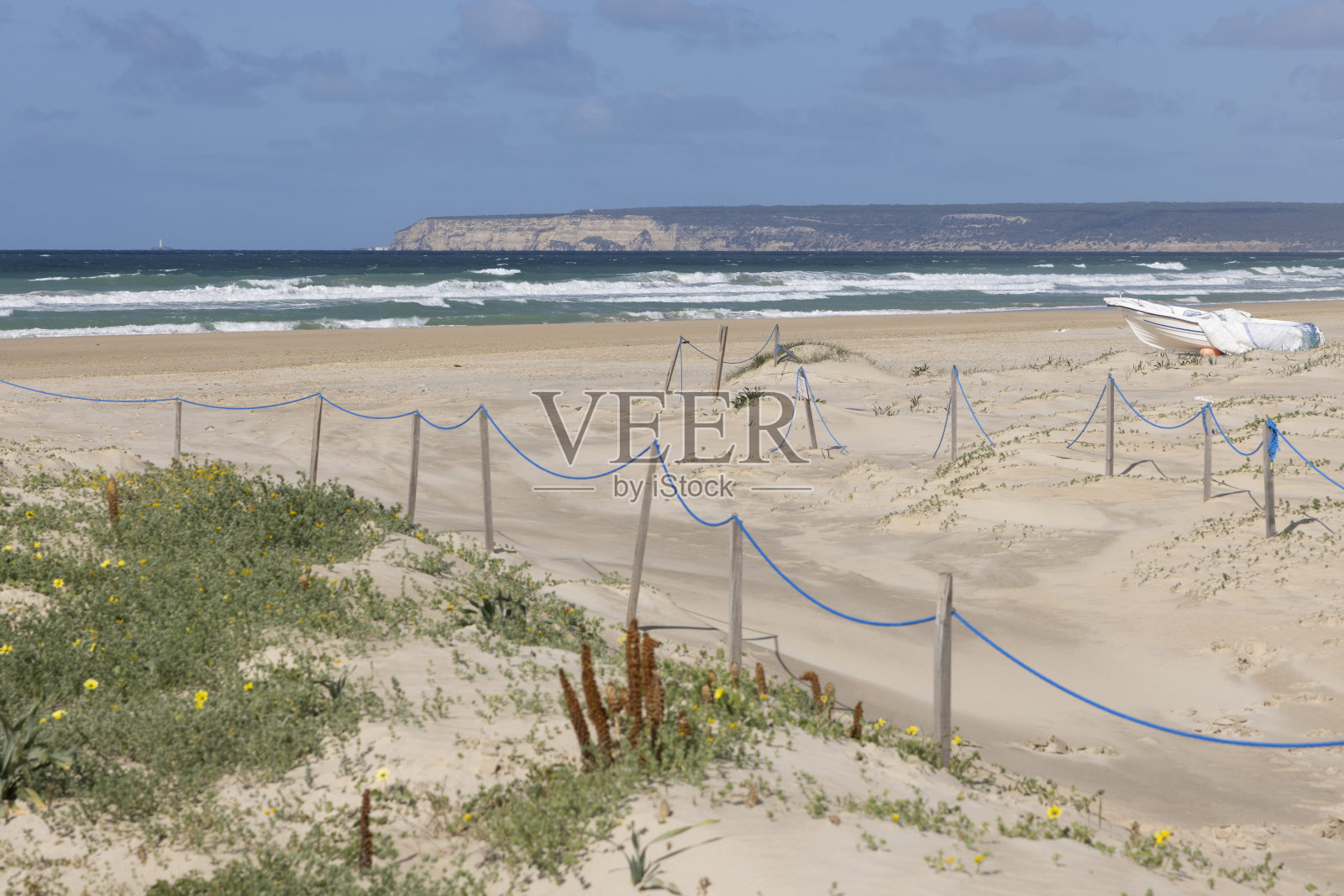 扎哈拉·德洛斯·阿图内斯海滩上有船，沙丘上有花，这是一个晴朗的夏日，天空湛蓝照片摄影图片