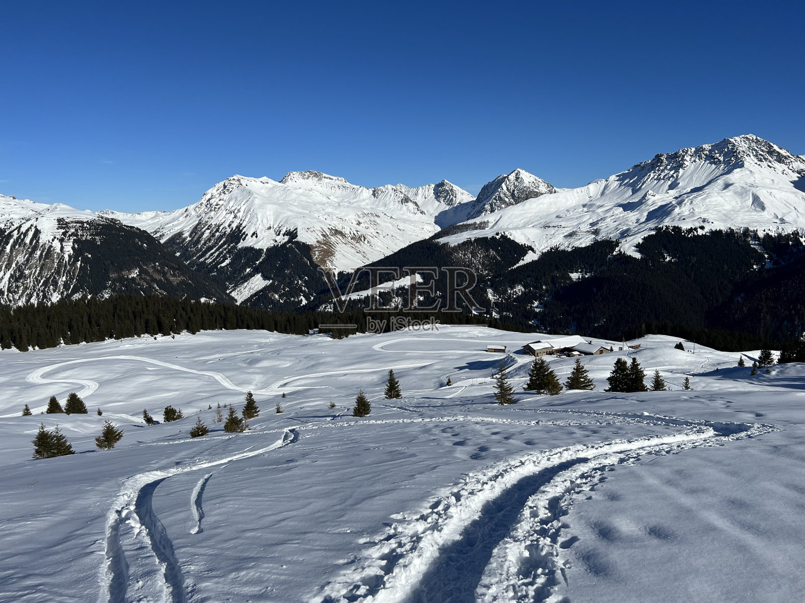 瑞士阿尔卑斯山脉和旅游胜地阿罗萨-格里松州，瑞士(瑞士)的美丽冬季徒步小径和雪原。照片摄影图片