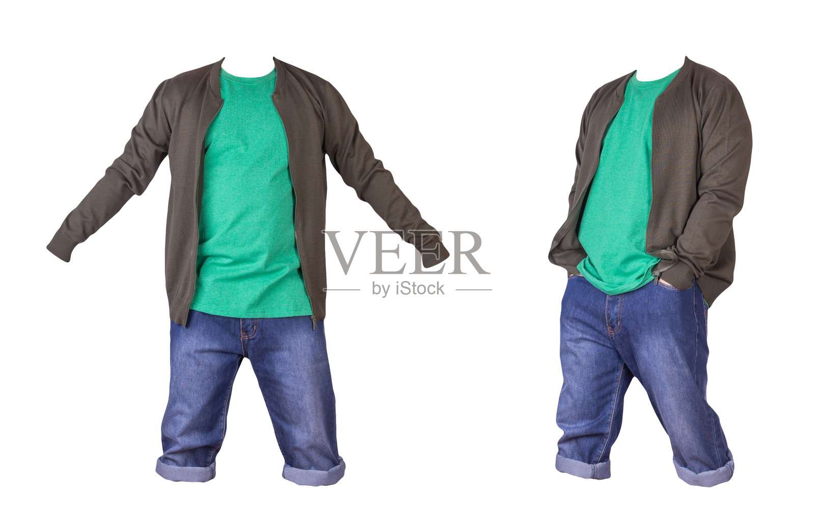 牛仔蓝短裤，t恤和夹克上的拉链隔离在白色背景照片摄影图片