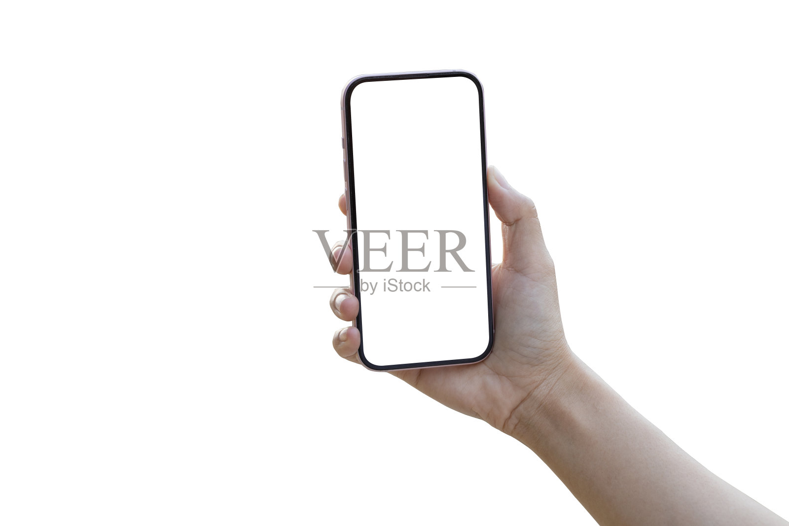 女人手握现代智能手机模型照片摄影图片