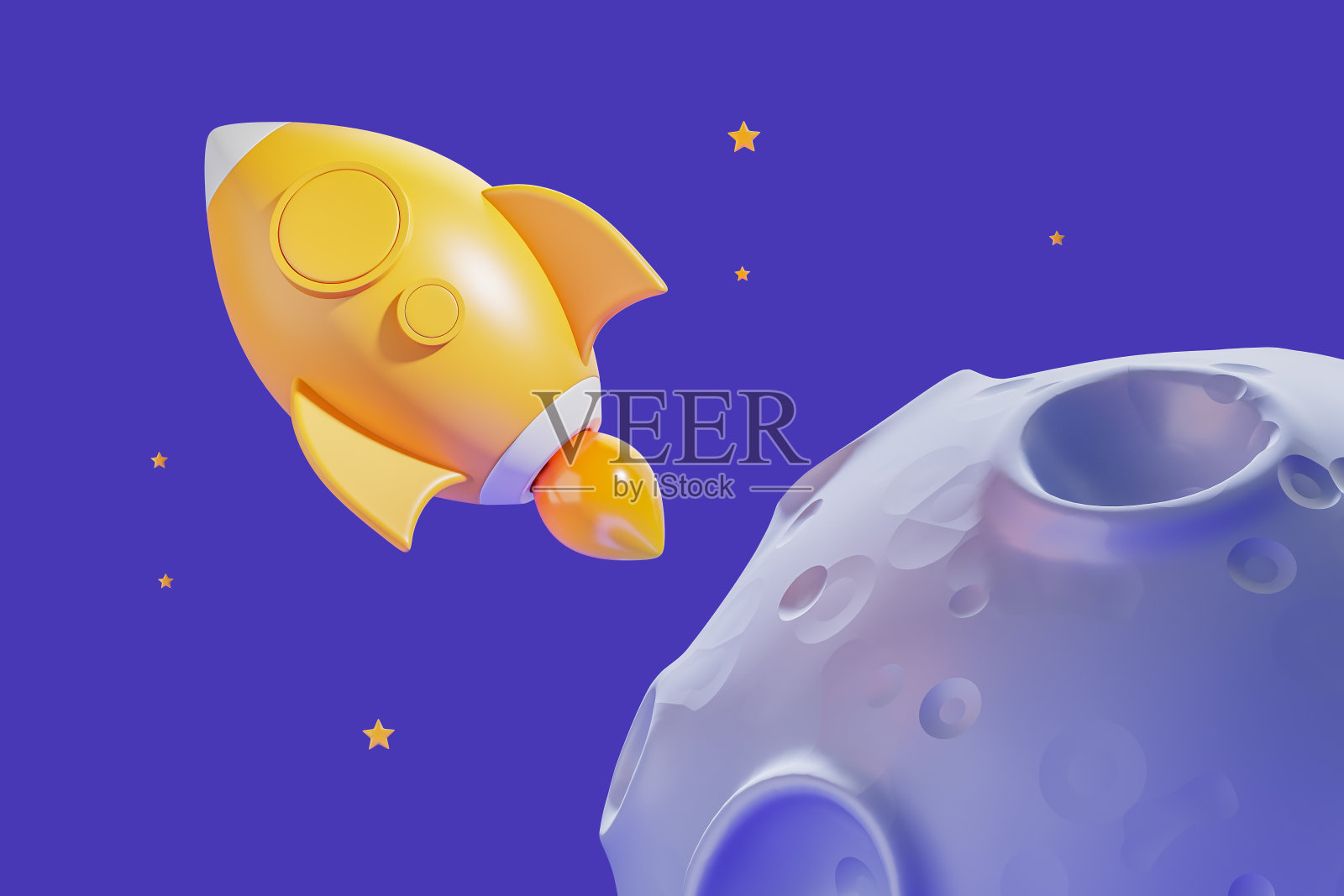 一个靠近月亮的金色火箭，在鲜艳的蓝色背景下，代表了创业公司的成长和商业理念。三维渲染照片摄影图片