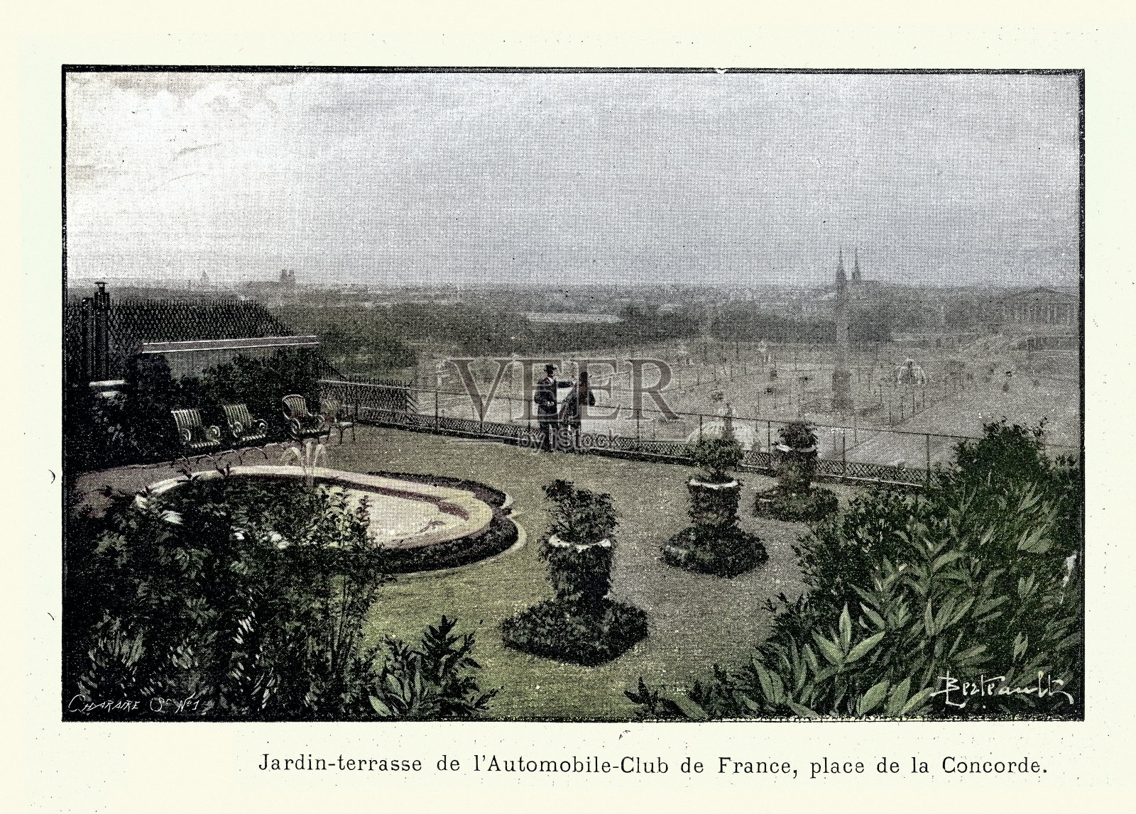 19世纪，法国巴黎协和广场的屋顶花园露台，园艺史插画图片素材