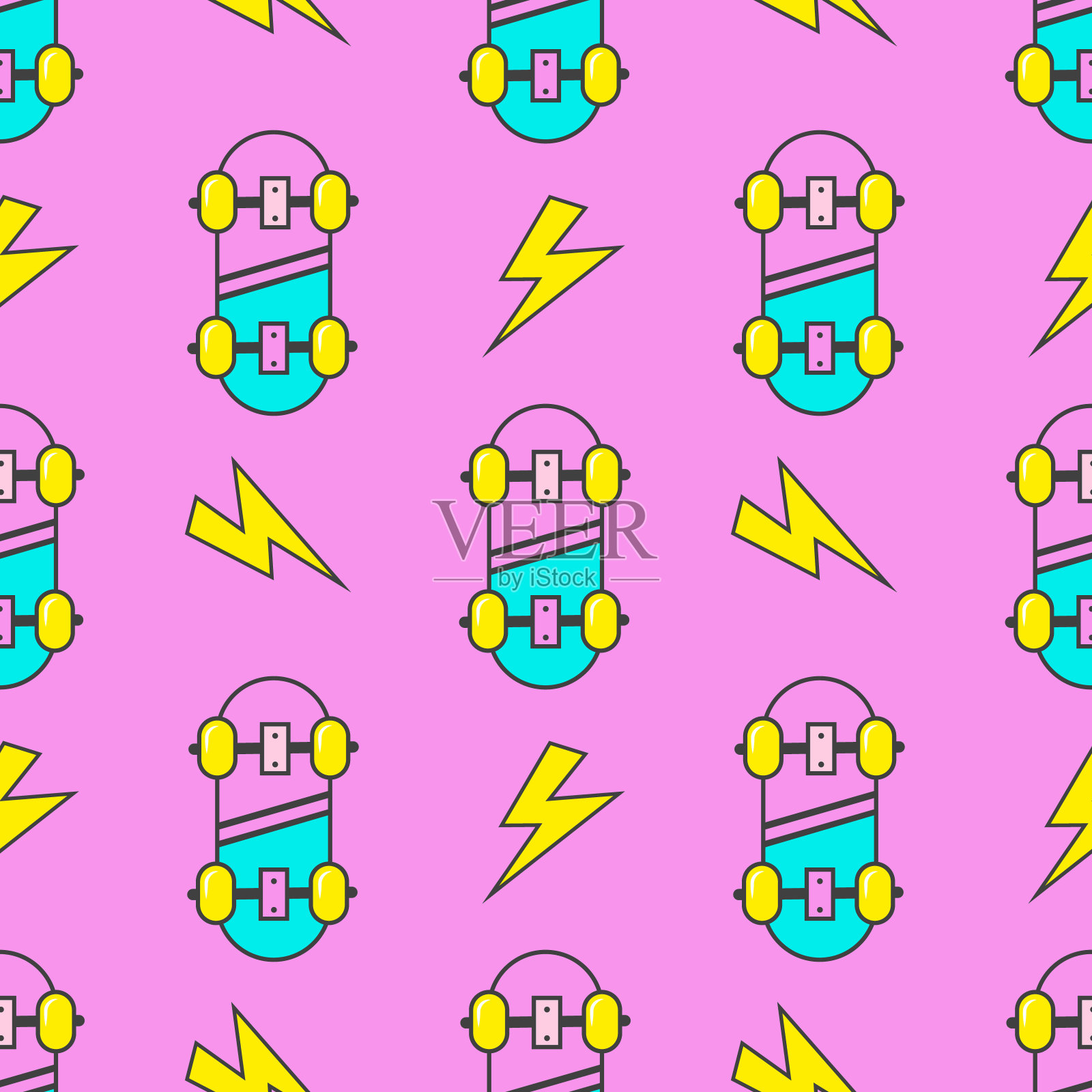 滑板图案-无缝板运动平面风格插图设计。插画图片素材