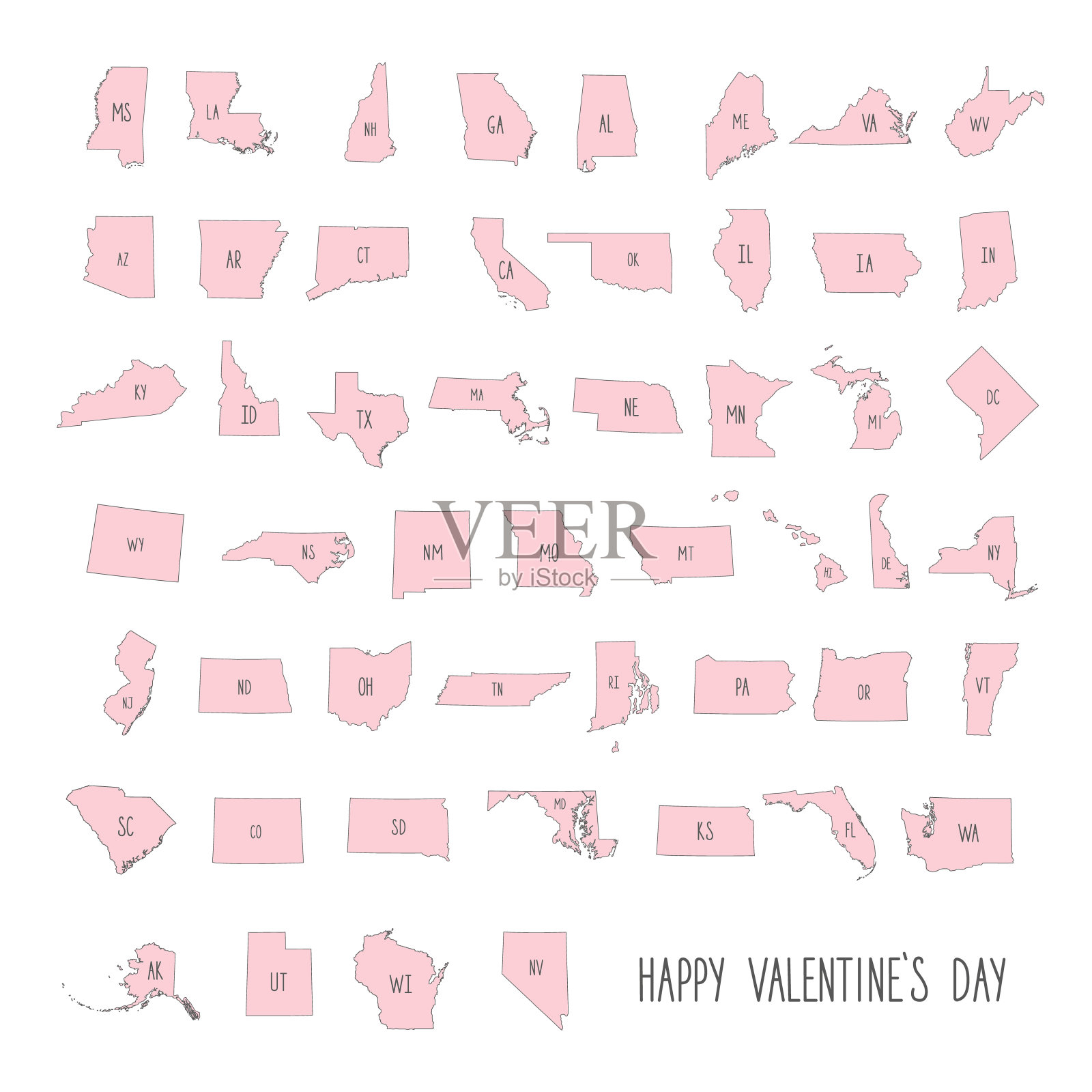 美国地图土地面积与邮政缩写在粉红色的美国地图国家。情人节的设计元素。插画图片素材