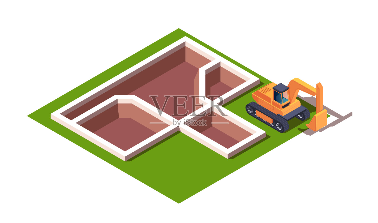 建筑工地的等距图，挖掘机在未完工的建筑地基上，绿色背景，建筑概念。矢量插图隔离在白色插画图片素材
