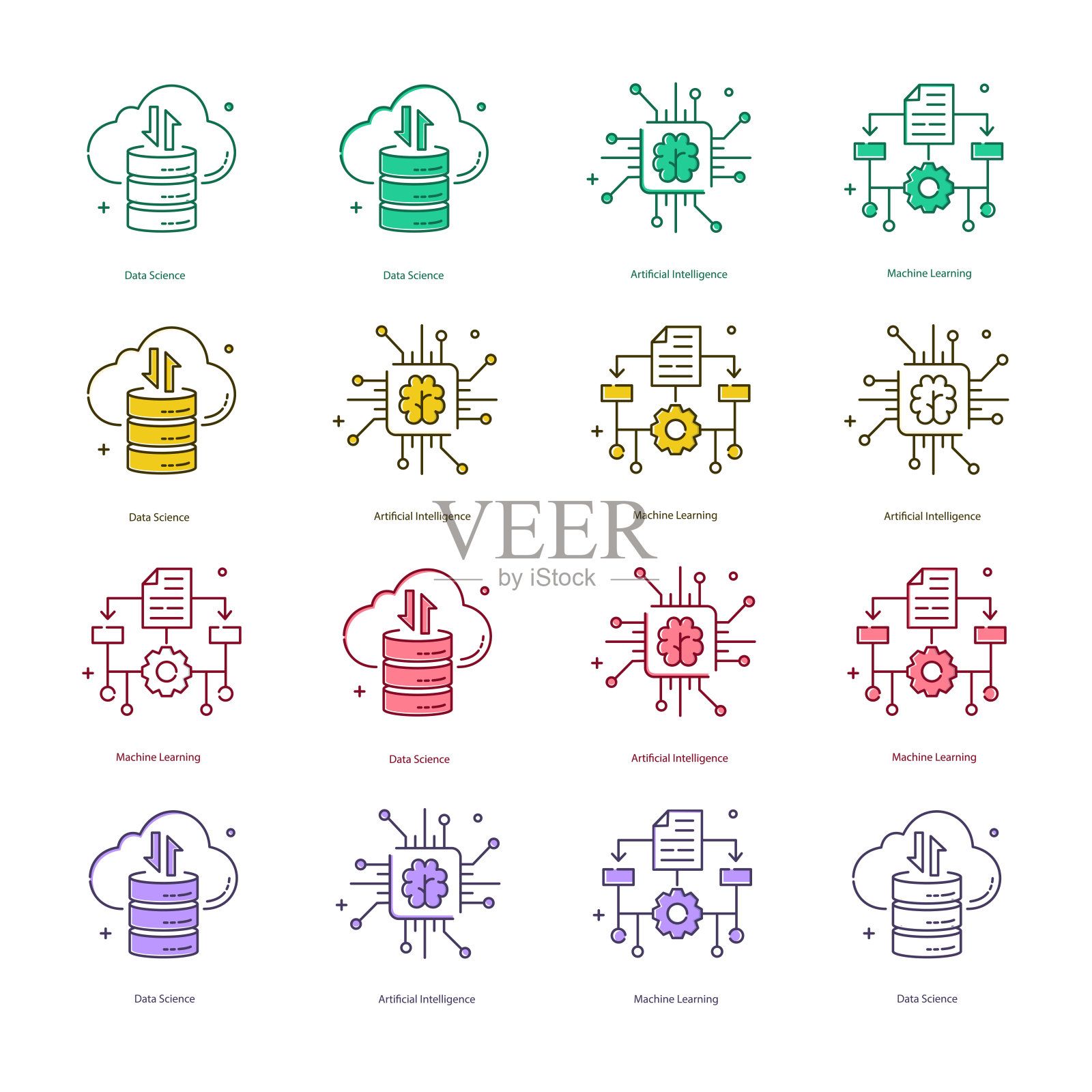 人工智能，AI，机器学习，ML，数据科学矢量插图图标设计插画图片素材