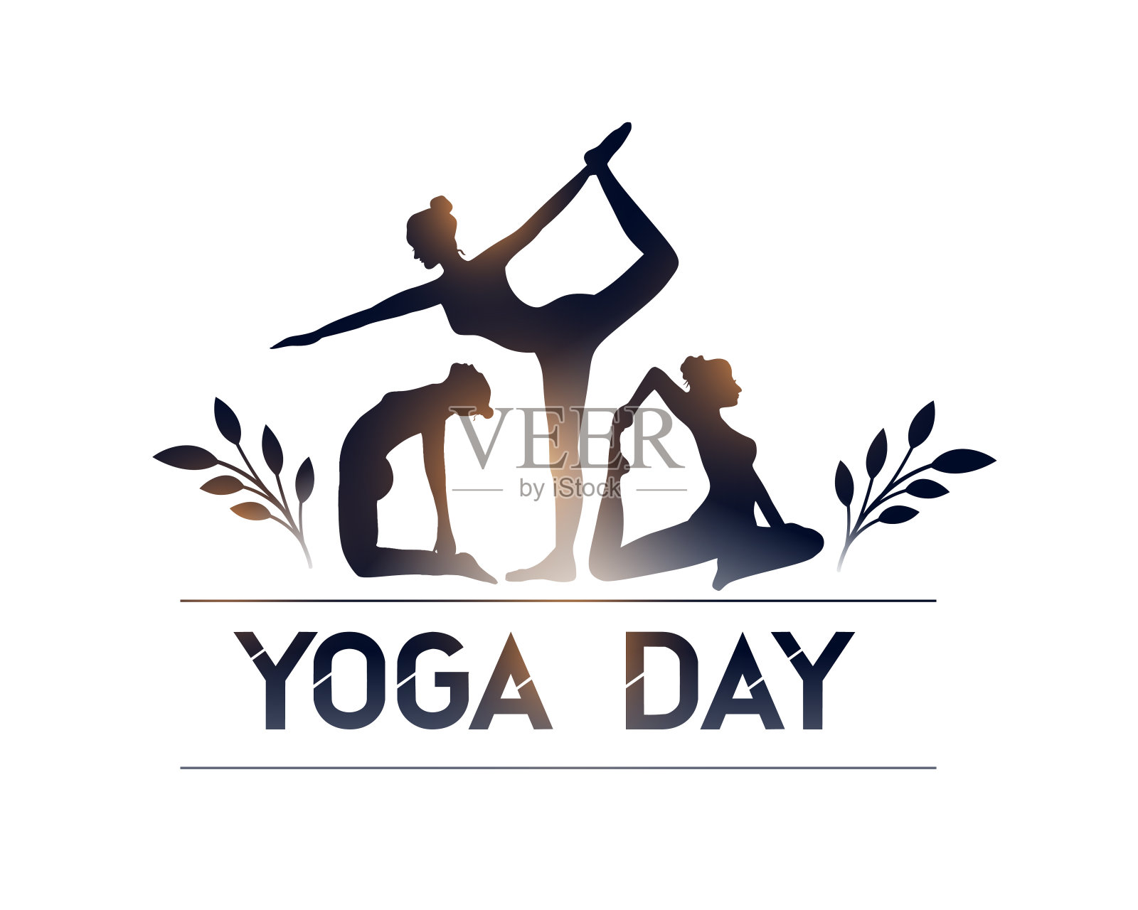 全球瑜伽日庆祝活动背景不同体式的妇女与树叶插画图片素材