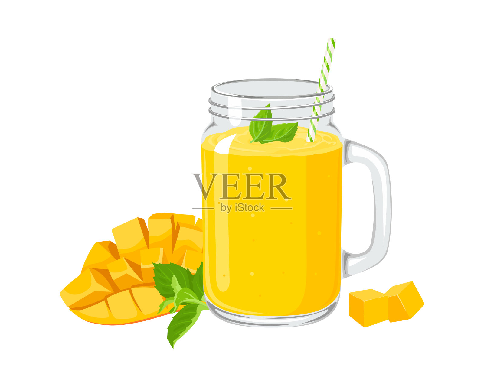 芒果奶昔在梅森罐玻璃与吸管隔离在白色背景。黄色的奶昔。矢量卡通插图。插画图片素材