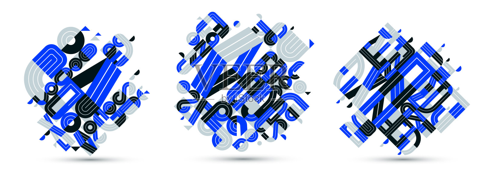 抽象的现代矢量新潮设计集，蓝色几何形状时髦的构图，模块化图案艺术插图，字体元素使用。插画图片素材