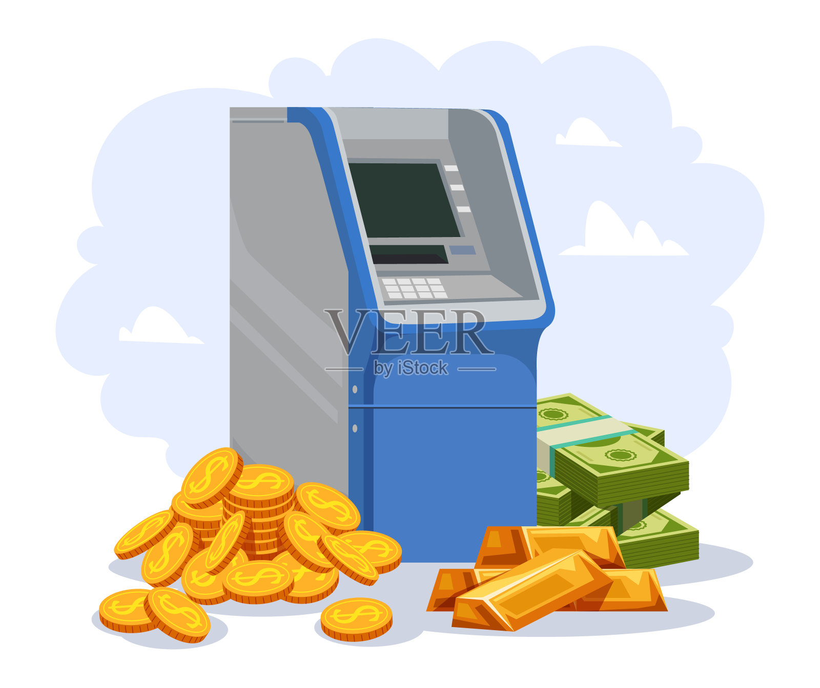 自动取款机与货币隔离的概念。矢量平面图形设计卡通插图插画图片素材