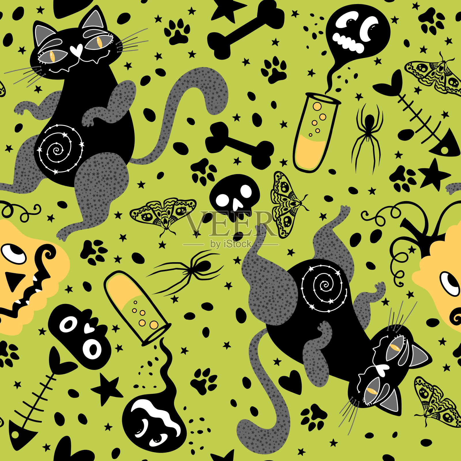 动物无缝万圣节图案的包装纸和孩子插画图片素材