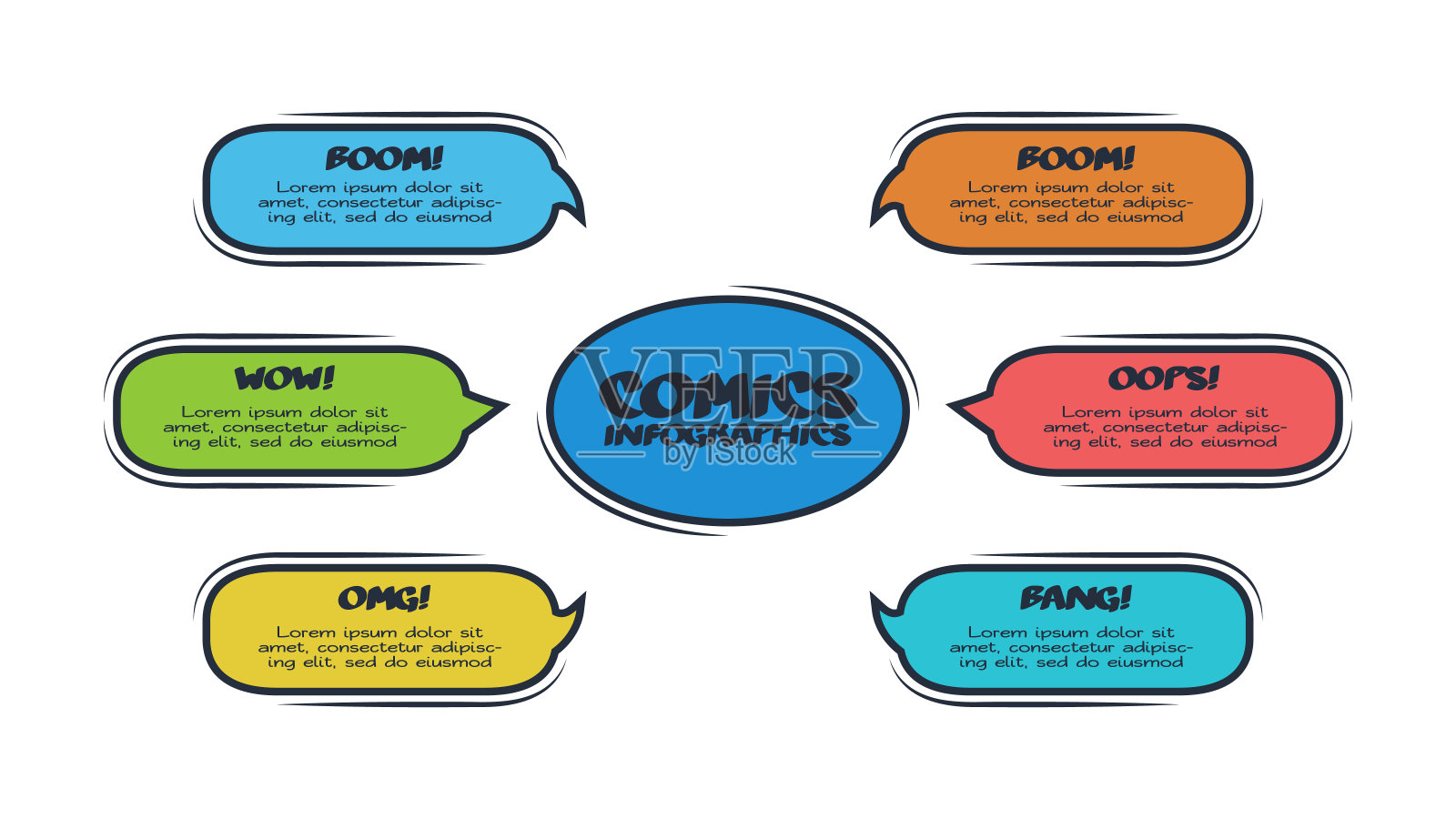 漫画信息图与6个步骤，选项，部分或过程。业务数据可视化。创意信息图表模板插画图片素材