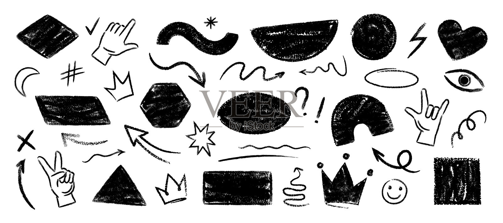 手绘垃圾蜡笔，木炭，粉笔抽象孤立涂鸦形状设置在时尚的风格矢量背景插画图片素材