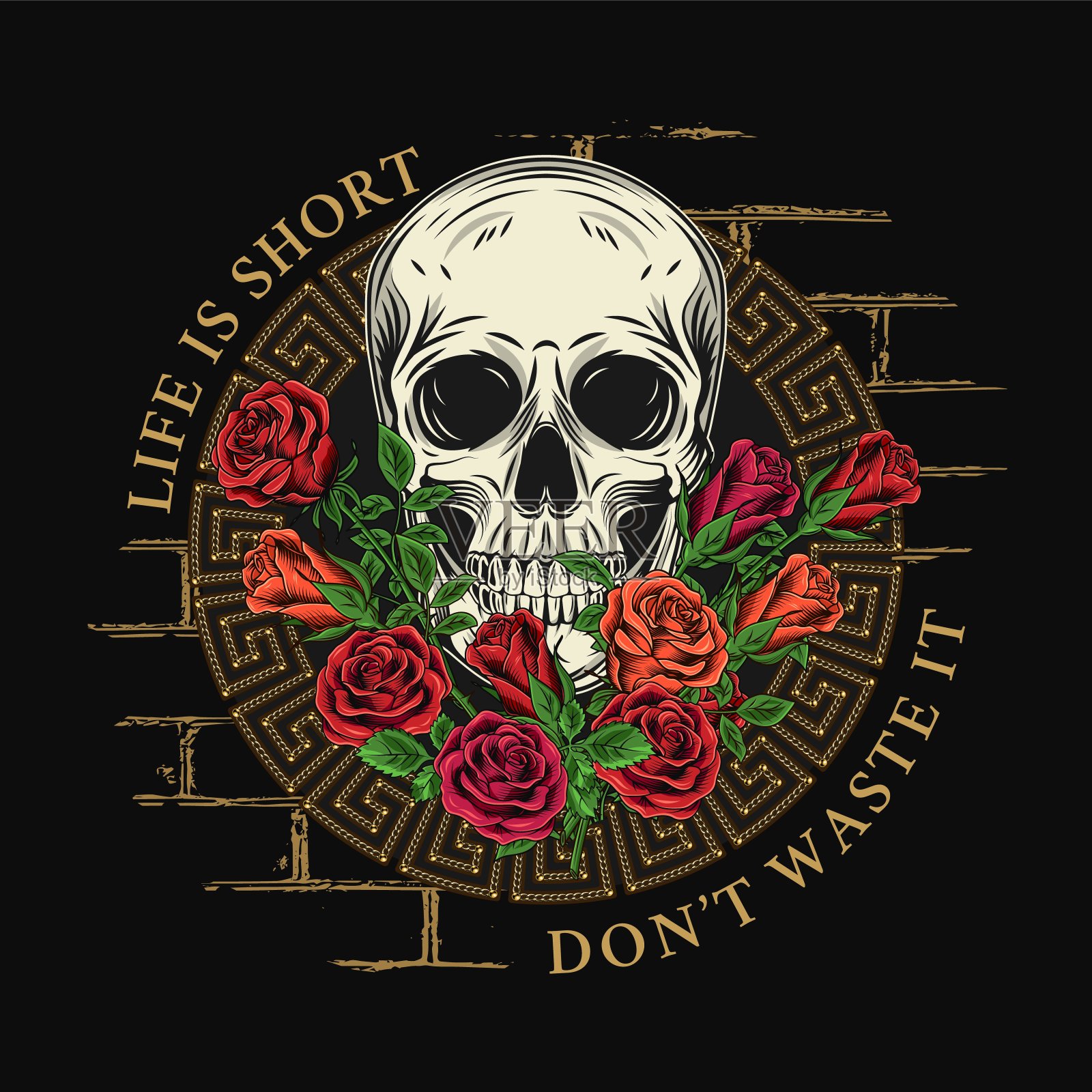 圆形标签，骷髅，玫瑰，砖墙，文字插画图片素材