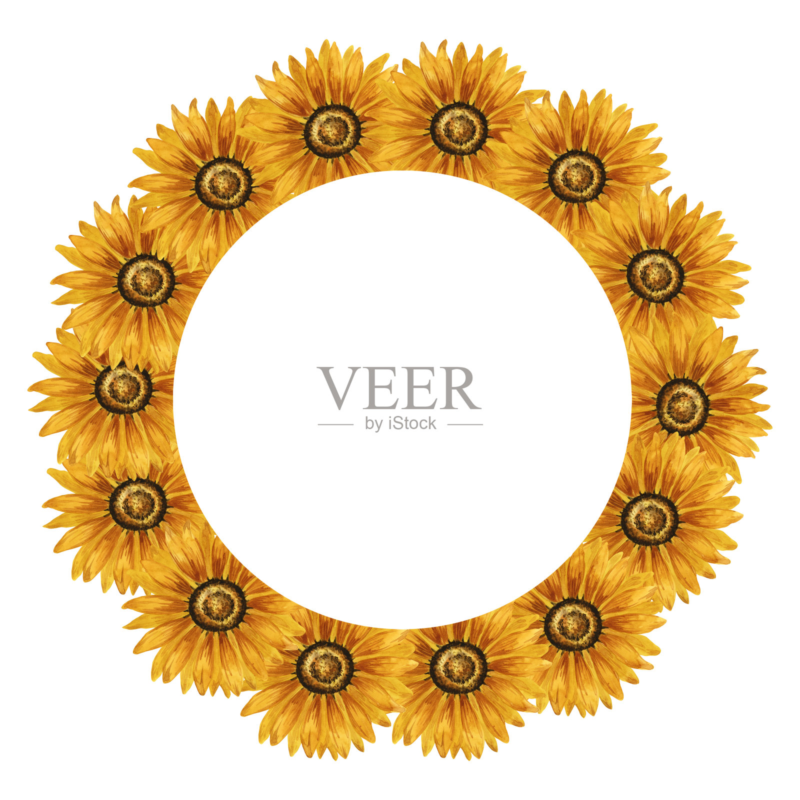 水彩向日葵花环。圆形框架，黄色花朵。夏季花卉组成。秋天插花。手绘植物插图。设计元素明信片，邀请，标志。插画图片素材