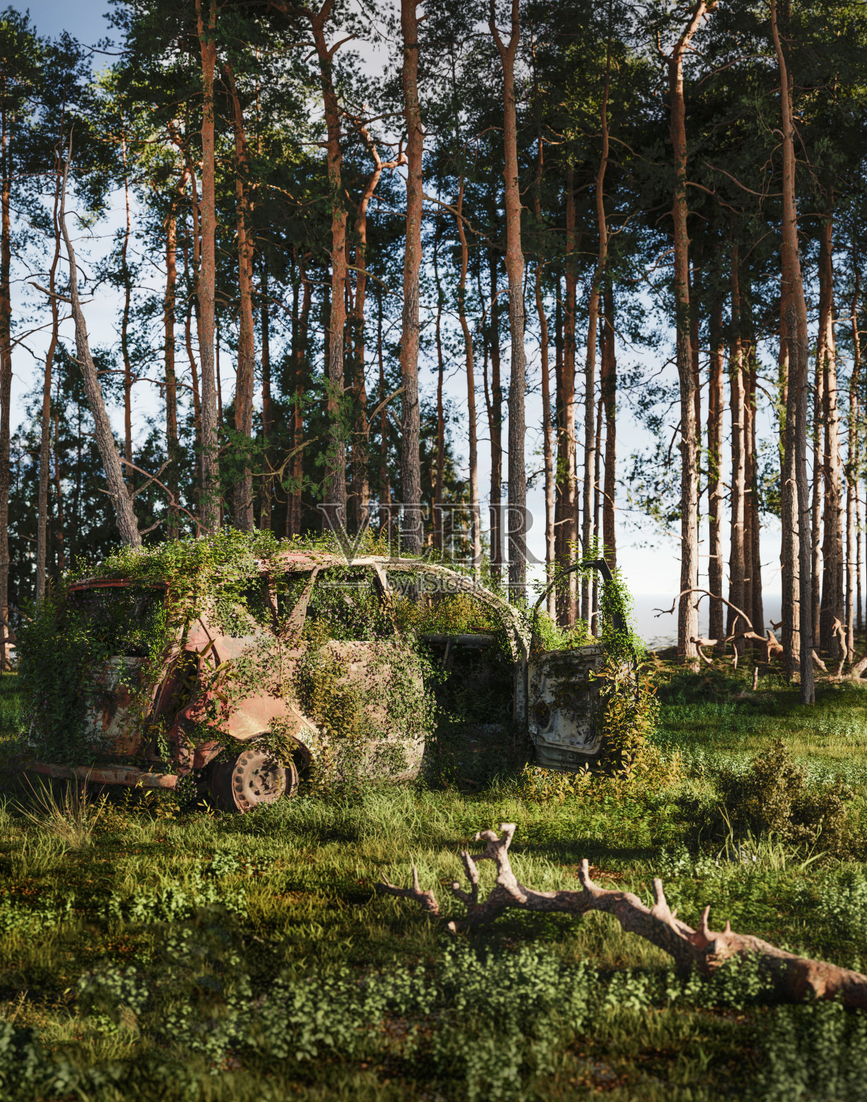 废弃生锈的老车在森林里，3D插图照片摄影图片