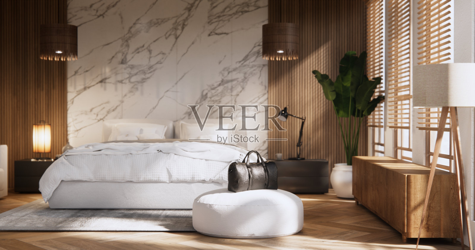 室内模拟禅宗床上植物和装饰在日本卧室。照片摄影图片