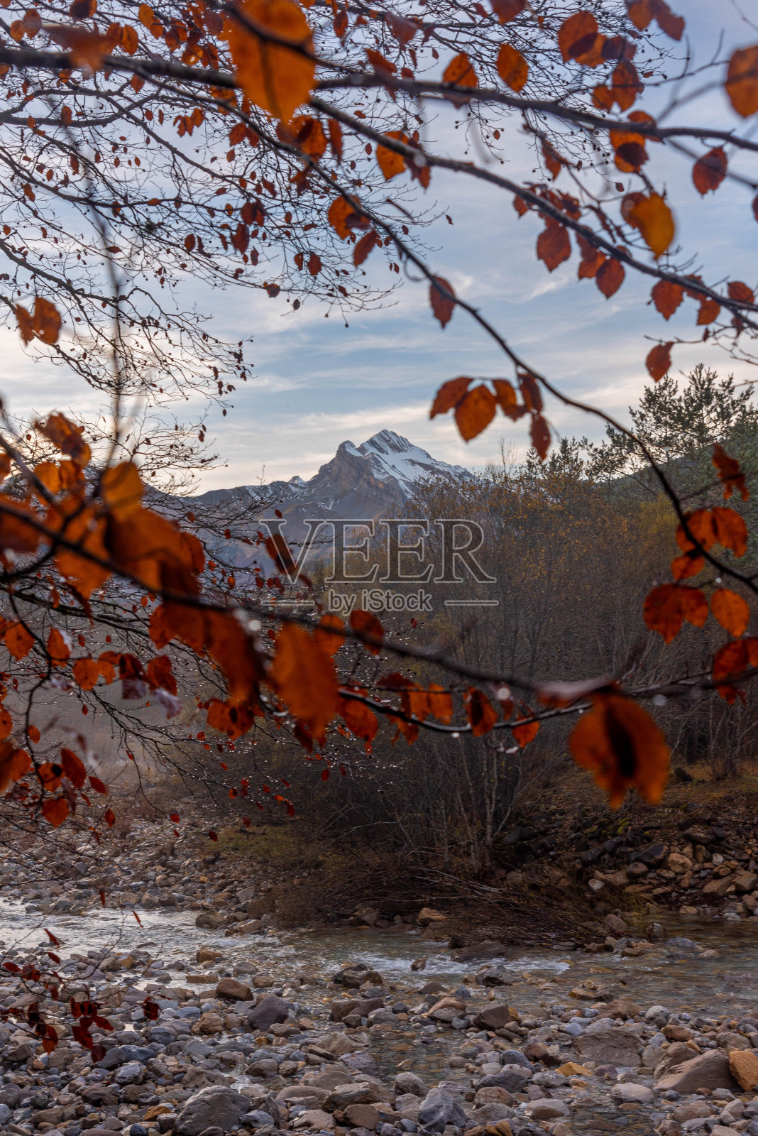 在比利牛斯山的神奇的珀尔迪多山的秋天景观，阿拉萨斯河在背景与Cebollar峰，托拉，维斯卡照片摄影图片