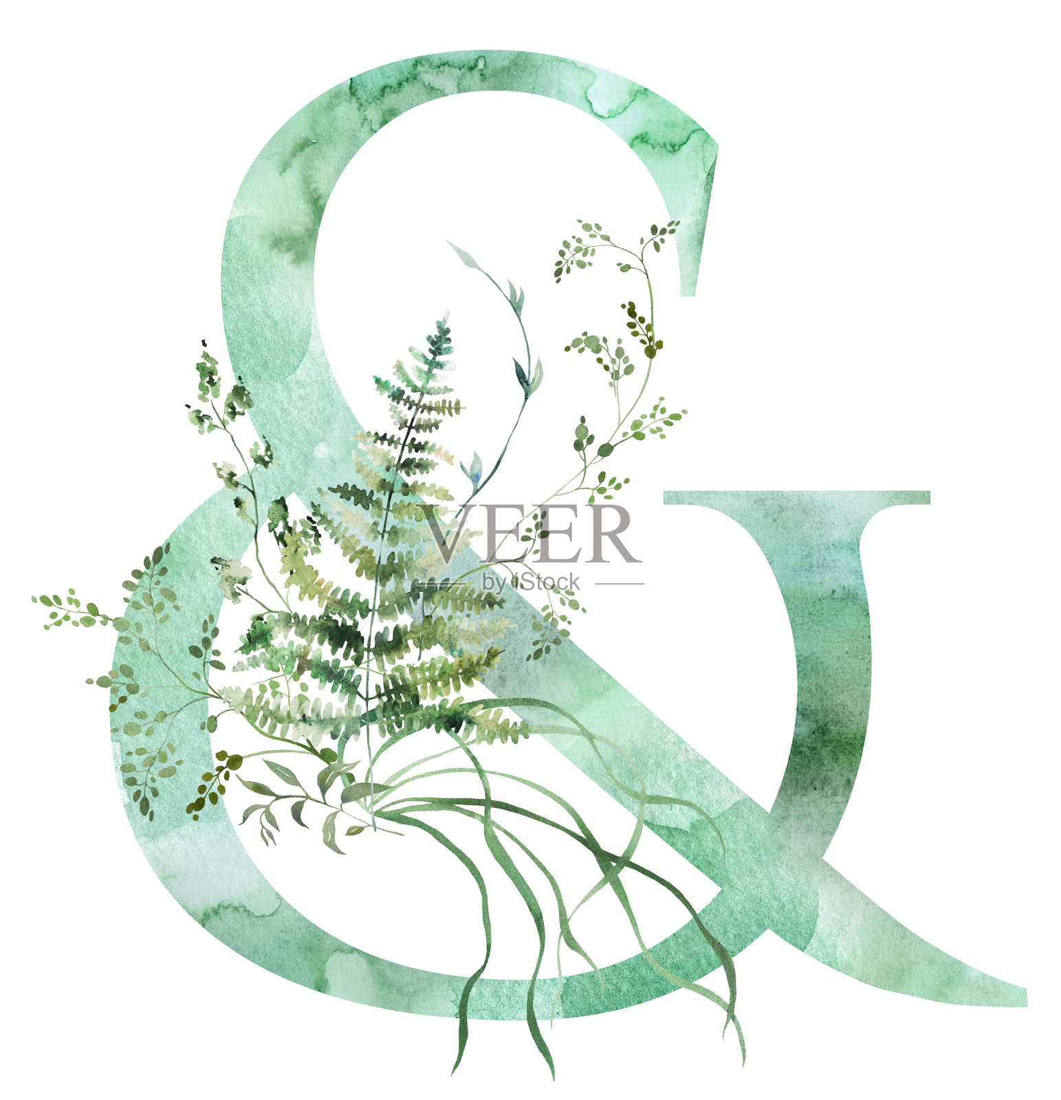 绿色符号&与水彩异想天开的嫩叶孤立插图，婚礼元素插画图片素材