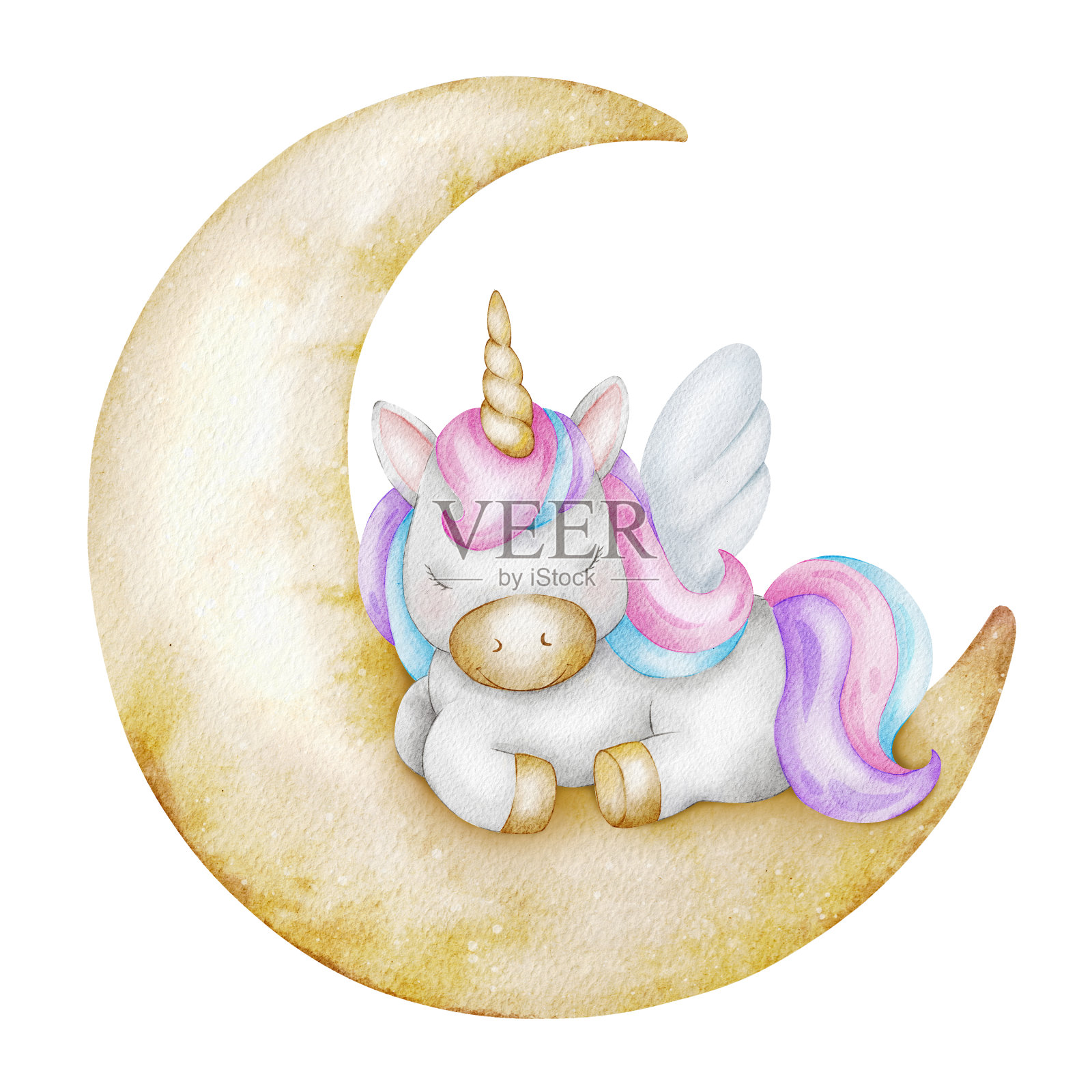 可爱的童话般的独角兽宝宝睡在新月上。独立的水彩插图标志，儿童用品，衣服，纺织品，明信片，海报，婴儿淋浴和儿童房插画图片素材