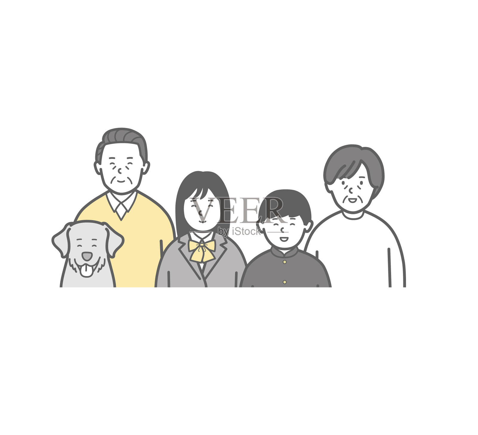 上半身插图一个五口之家，有微笑的父母、学生和一只狗插画图片素材