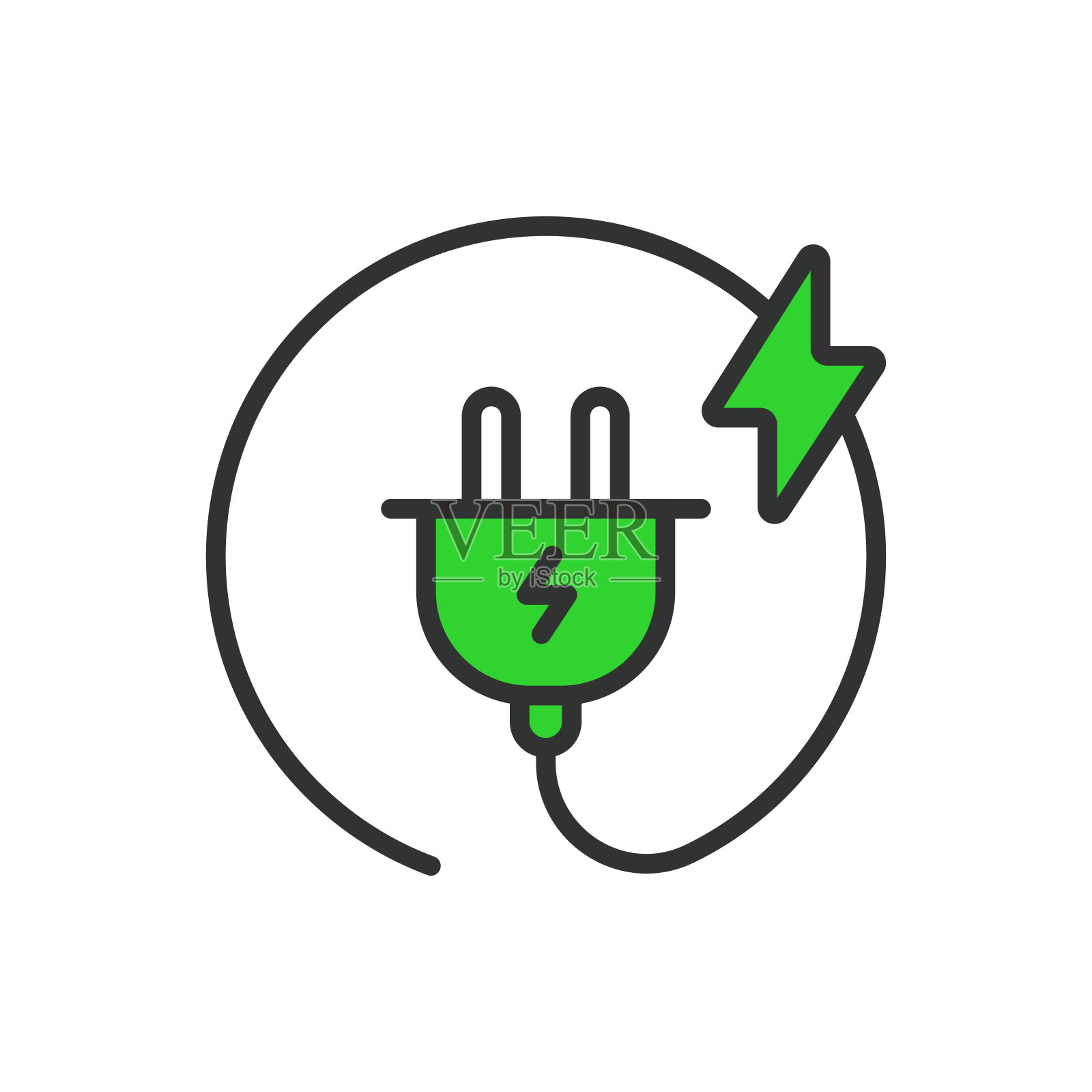 电插头圈线，直线设计，绿色。电力，插头，圆圈，电源线，电源，电缆，白色背景矢量上的连接器。电插头、圆线、可编辑笔画图标。插画图片素材