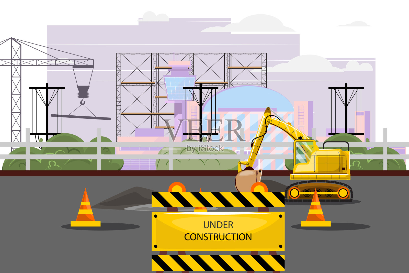 阴天下的城市建筑工地。挖掘机，起重机和建筑物的背景插画图片素材
