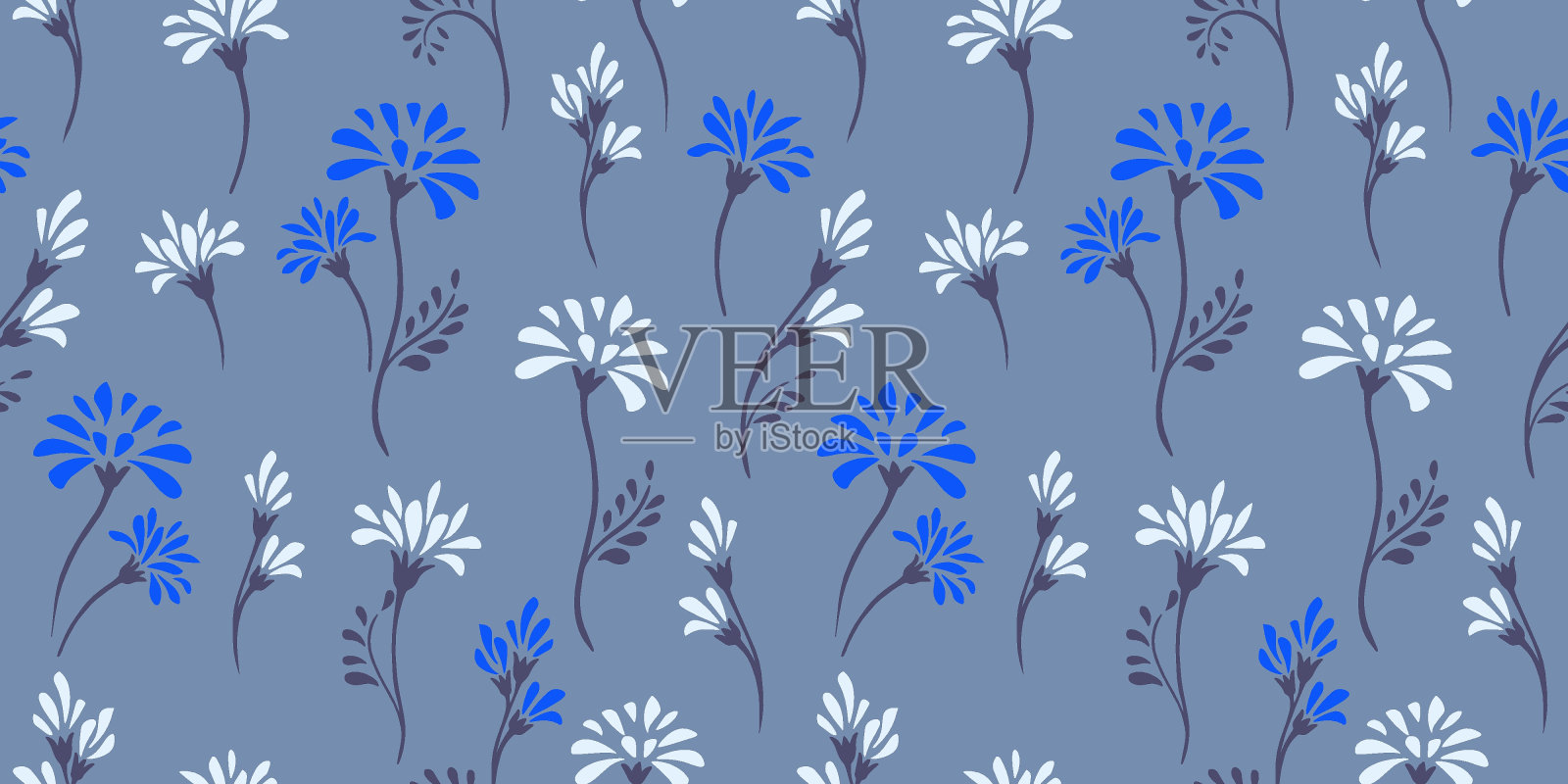 柔和的蓝色无缝图案与简单的创意野生小花茎。矢量手绘草图。可爱的抽象白痴花和芽滴，斑点。模板设计，纺织，印刷插画图片素材