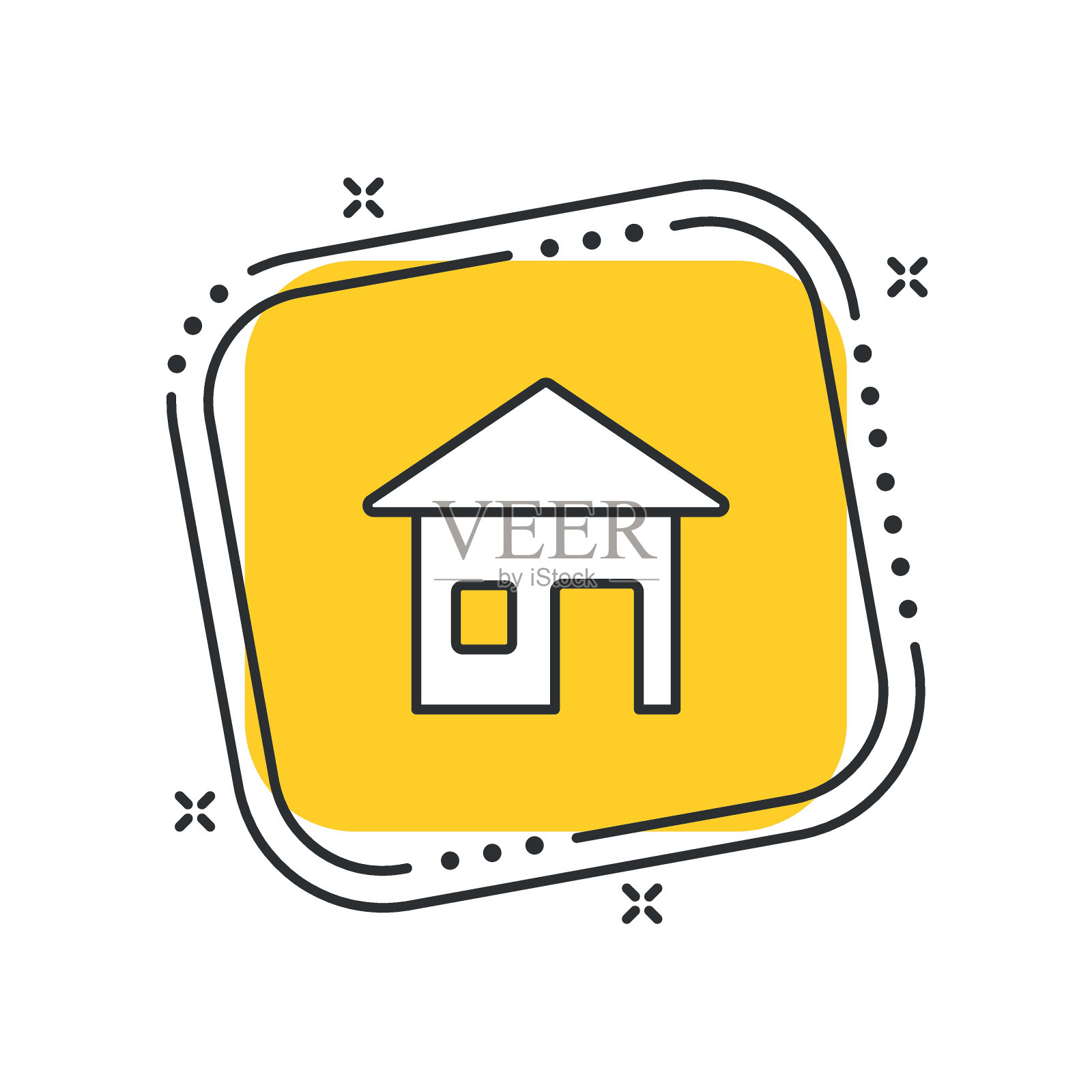 卡通房子图标矢量插图。地址在孤立的黄色方形背景。家居标识概念。插画图片素材