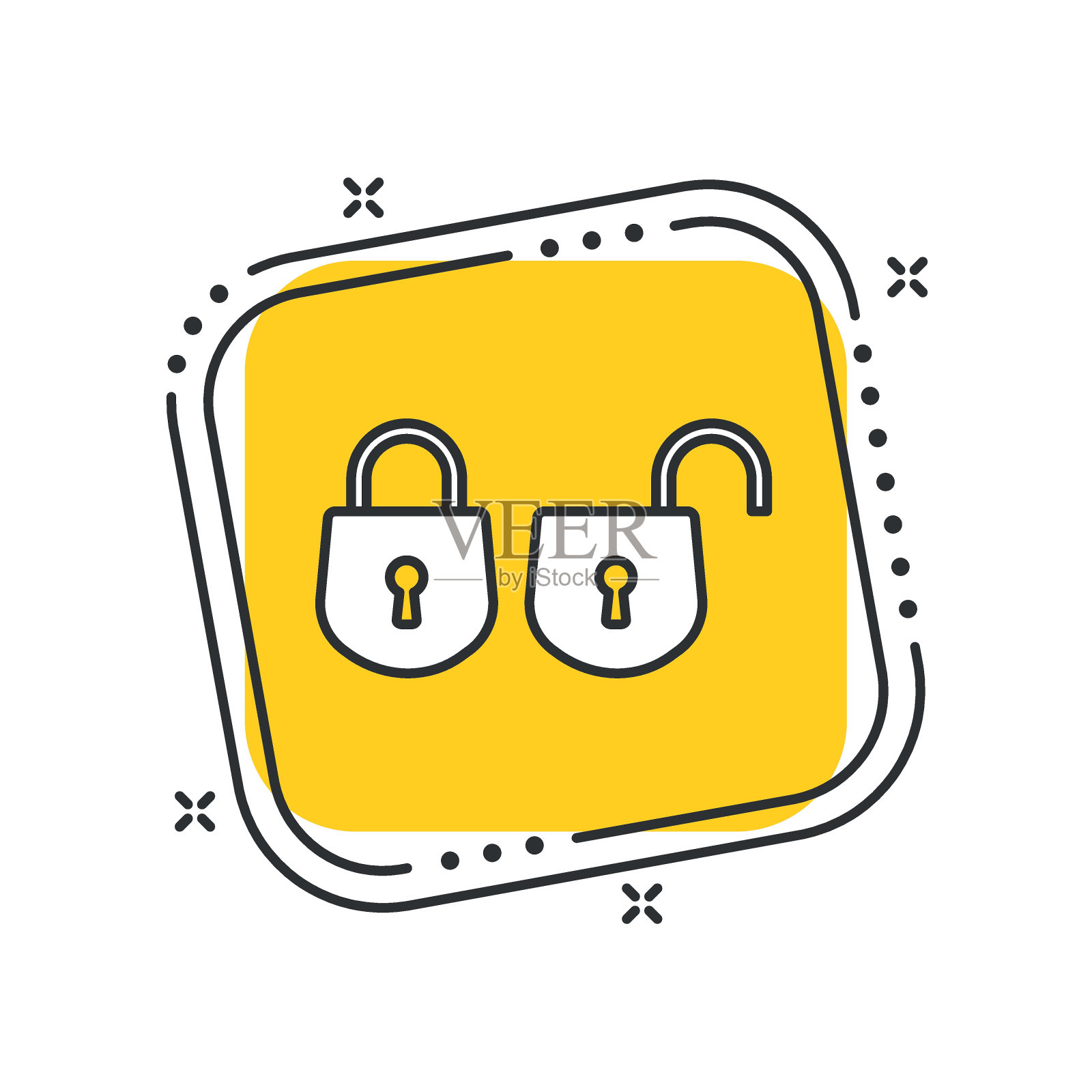 卡通锁图标矢量插图。挂锁解锁孤立的黄色方形背景。安全标识概念。插画图片素材