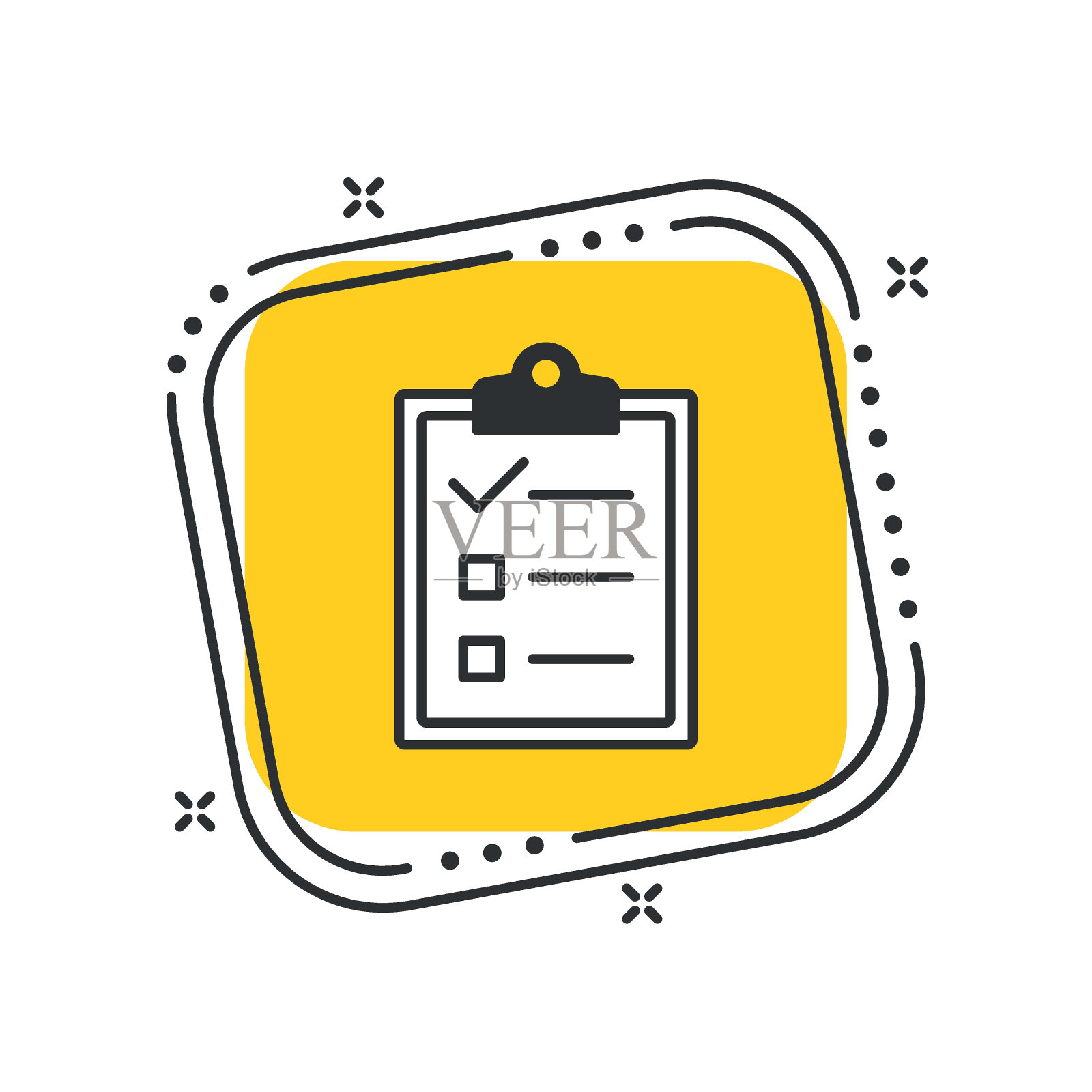 卡通清单图标矢量插图。报告文件在孤立的黄色方形背景。剪贴板标志概念。插画图片素材