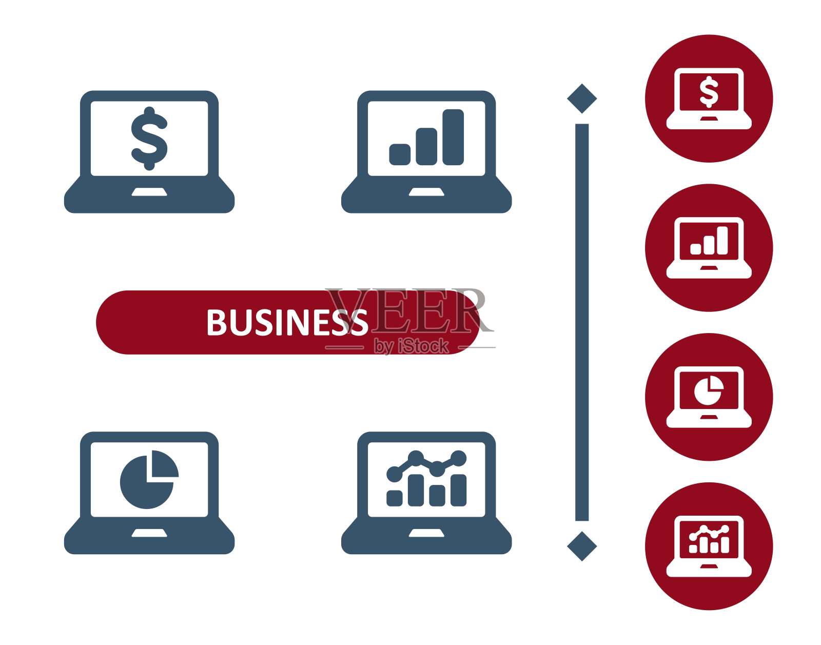 业务图标。投资，投资，电脑，笔记本电脑，美元，饼图，图形，统计，分析图标插画图片素材